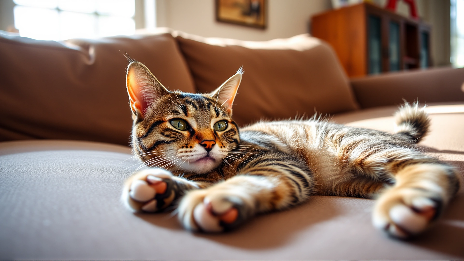 A wide-angle photo of an American Shorthair cat lounging on a cozy living room sofa, natural daylight streaming through a nearby window.