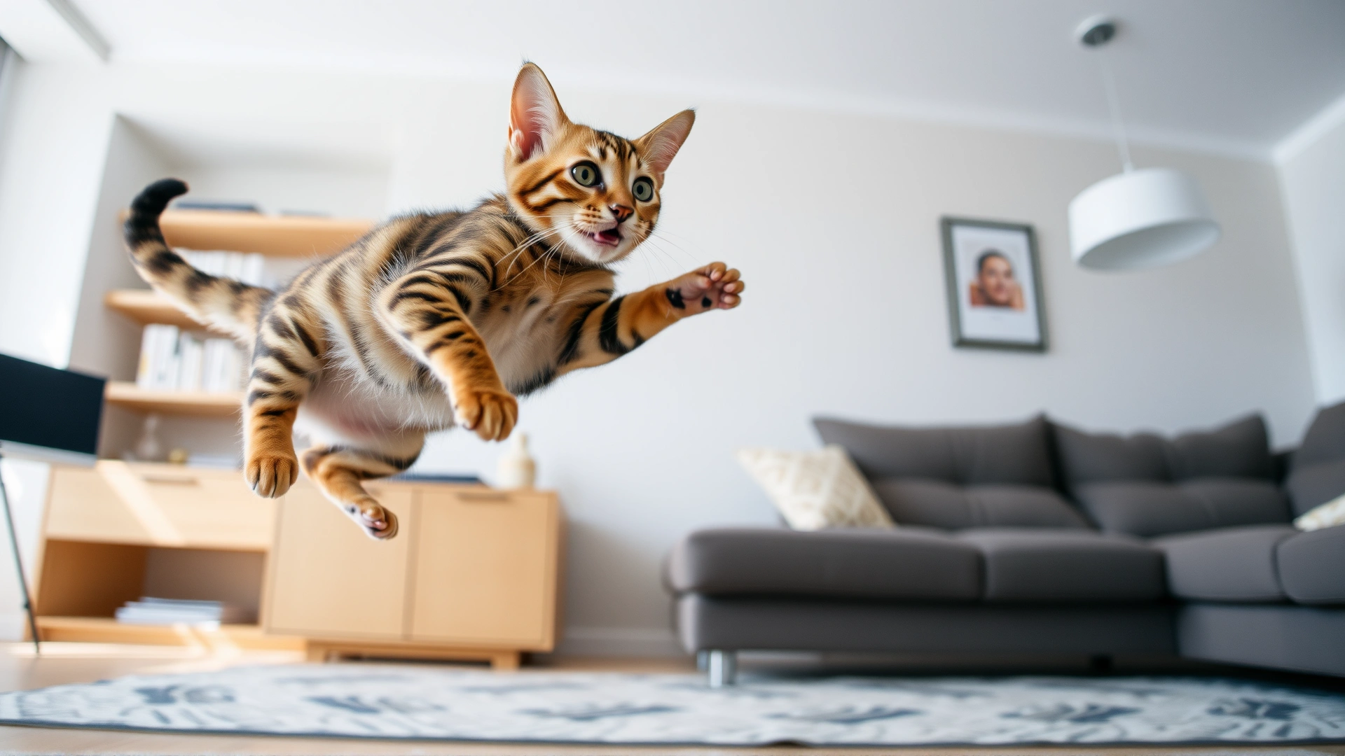 Wide-angle shot of a playful Bengal cat leaping mid-air against a minimalistic living-room background, capturing motion and energy, horizontal orientation