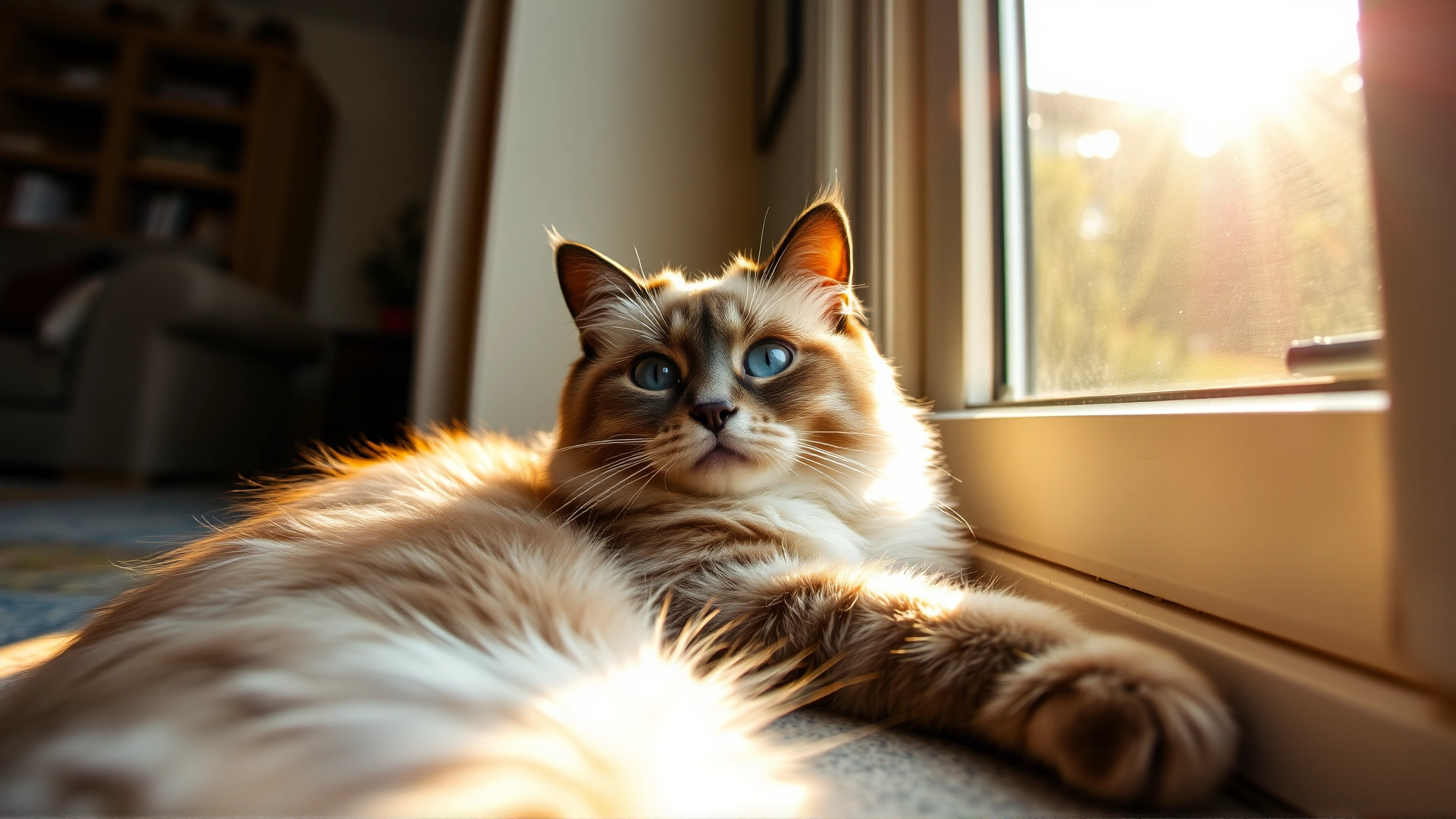 Wide-angle shot of a calm Birman cat lounging near a sunlit living-room window, warm golden light highlighting its silky fur and blue eyes, creating an inviting hero image.