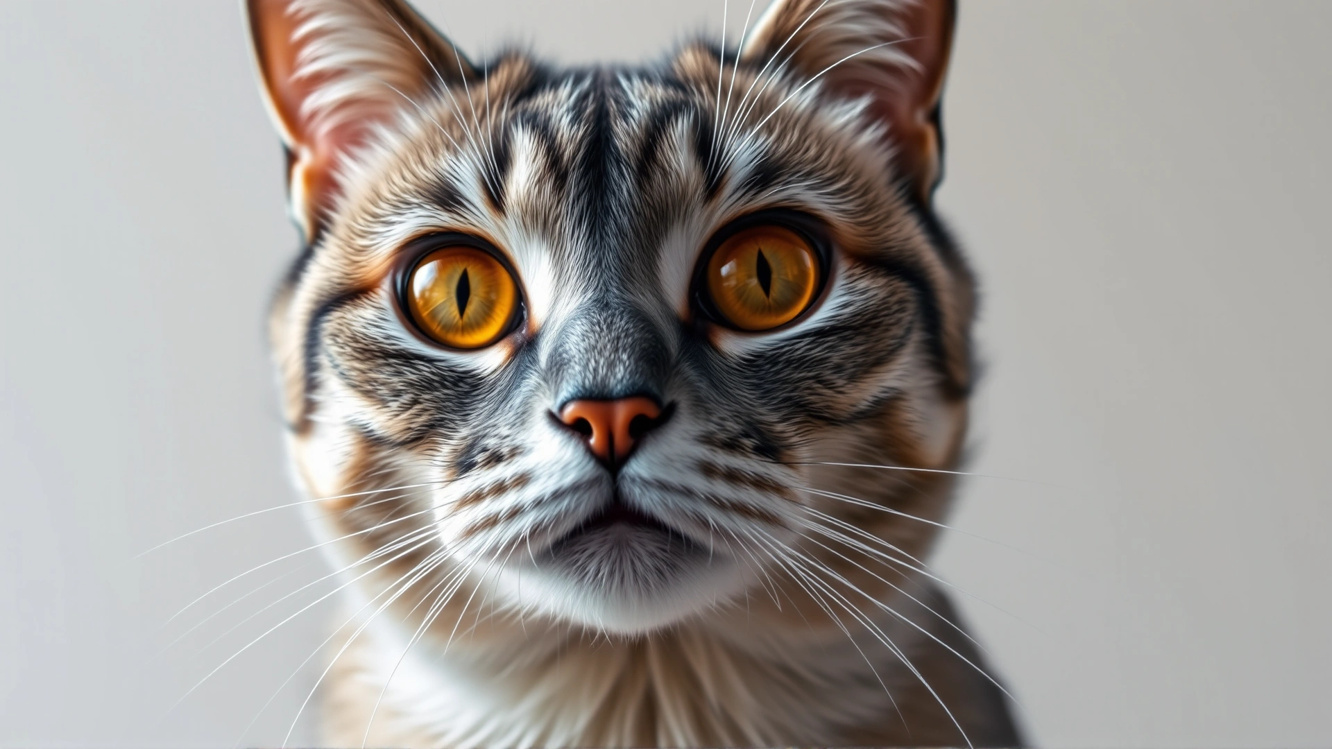 Close-up portrait of a British Shorthair cat with striking amber eyes against a neutral background, high resolution.