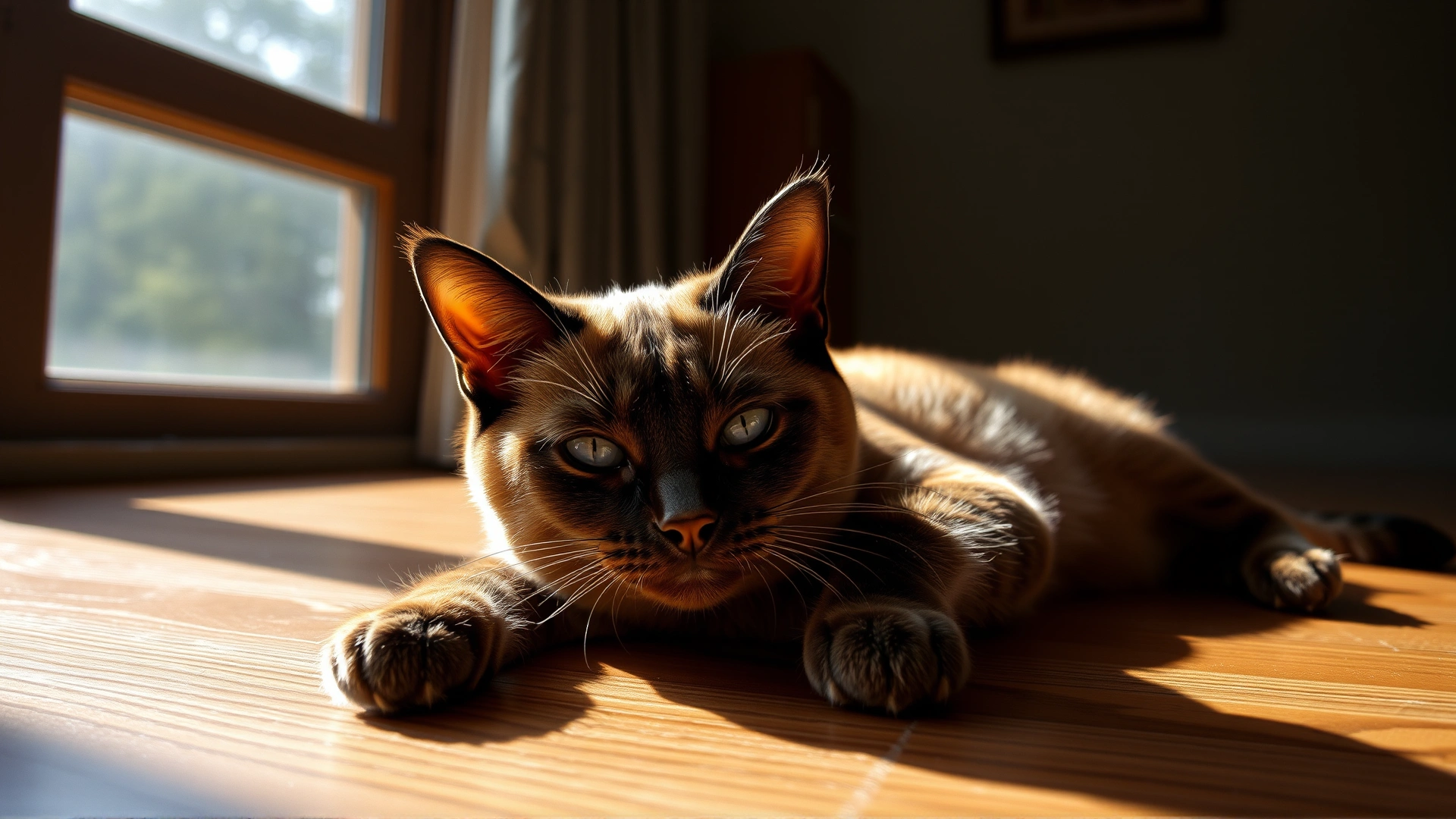 Wide-angle photo of an adult Burmese cat stretching lazily on a sunlit wooden floor, morning light streaming through a window