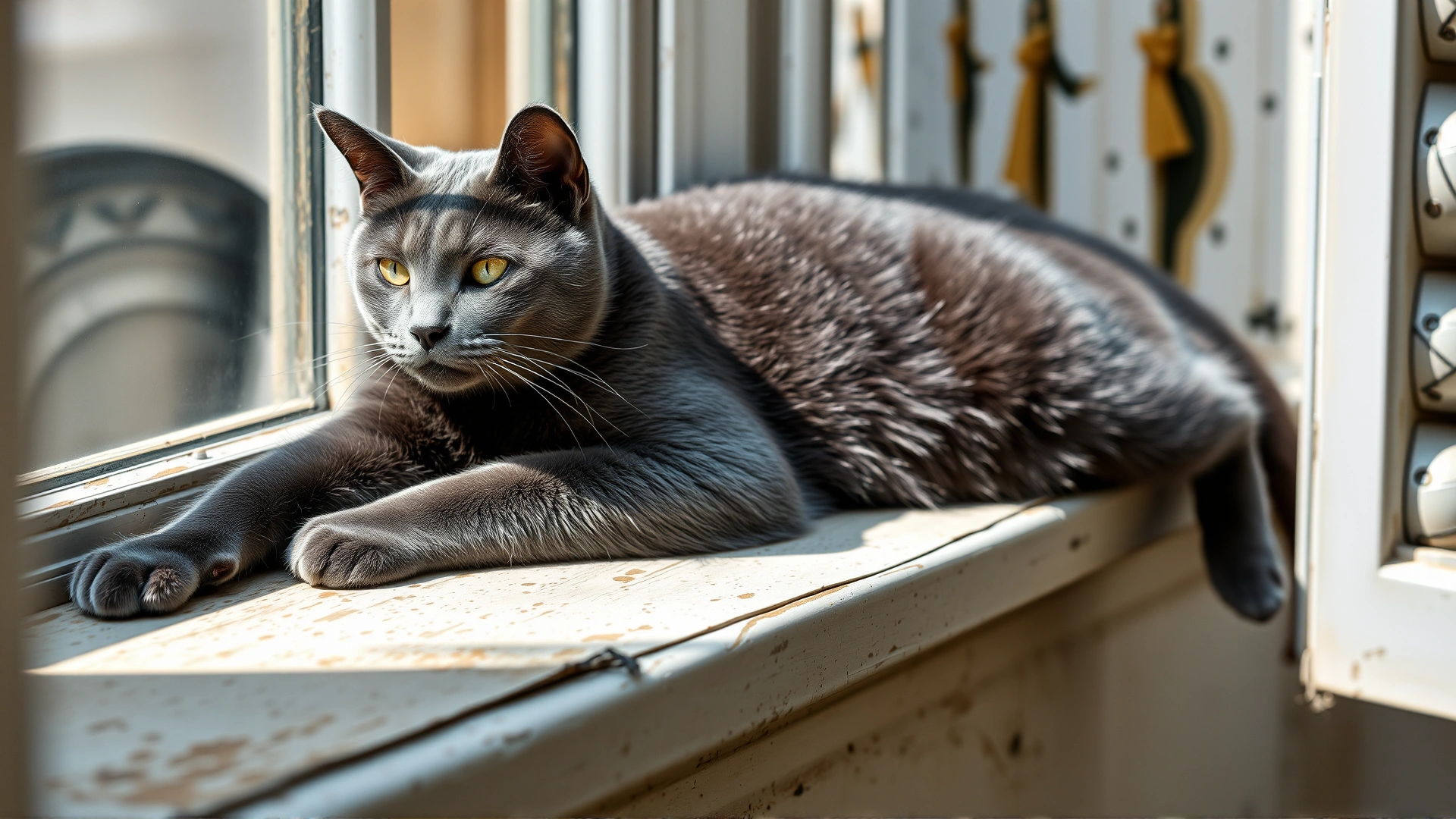 Portrait of a Chartreux cat stretching on a vintage French windowsill, showing full body and coat texture, natural daylight