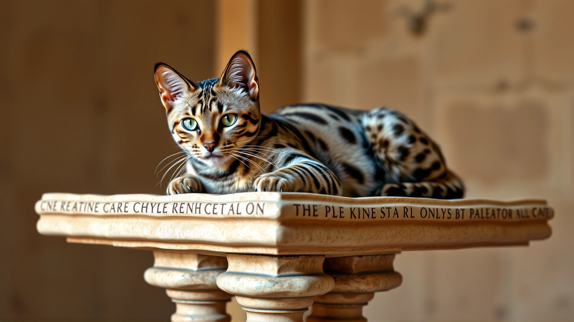 Wide hero shot of an Egyptian Mau cat lounging gracefully on an ancient-style stone pedestal with warm lighting, focus on the cat’s distinctive spots and green eyes, no text.