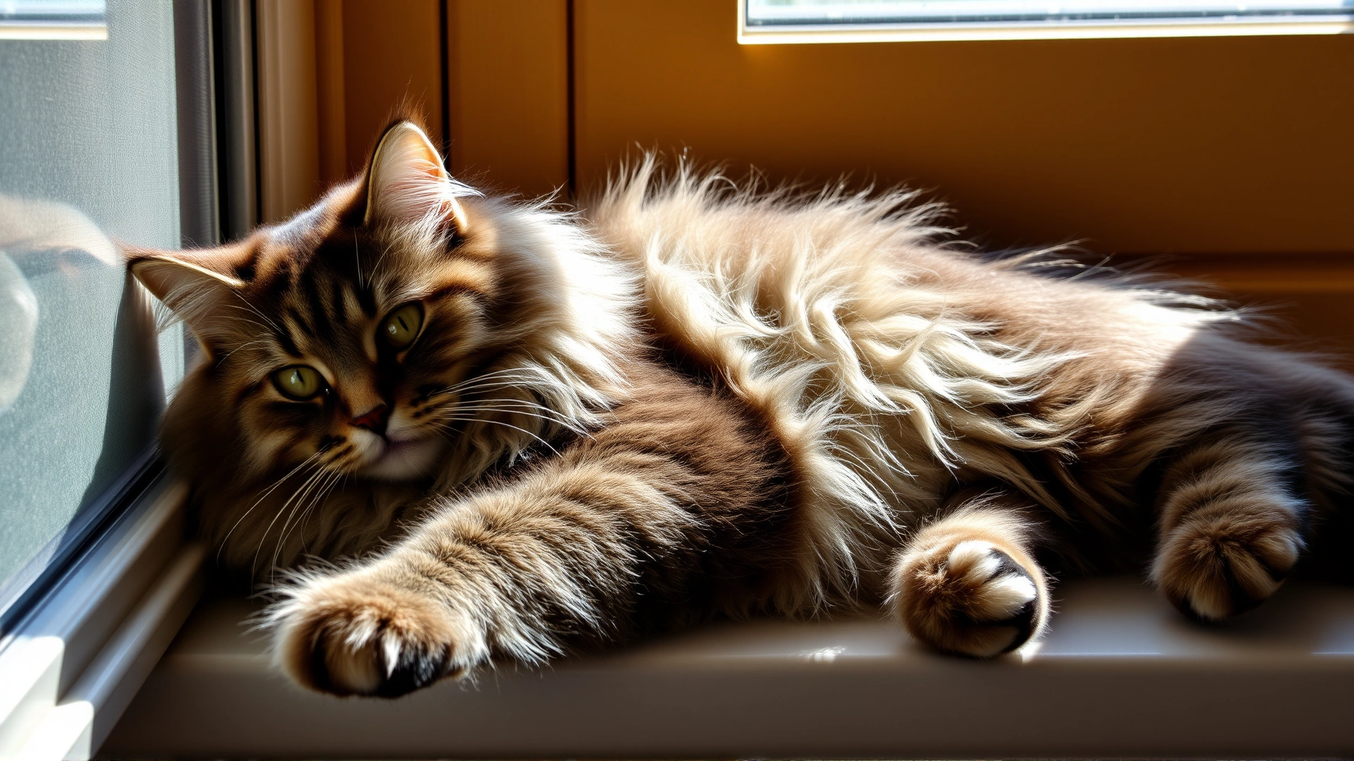 A full-body Maine Coon cat stretched lazily on a sunny windowsill, warm natural light highlighting its long fur and large size.