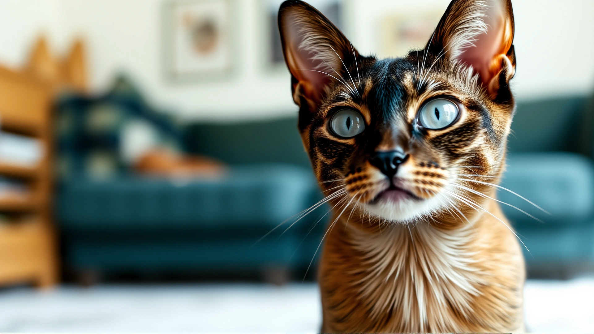 Close-up portrait of a tailless Manx cat staring at the camera with a blurred home interior in the background, soft natural lighting.