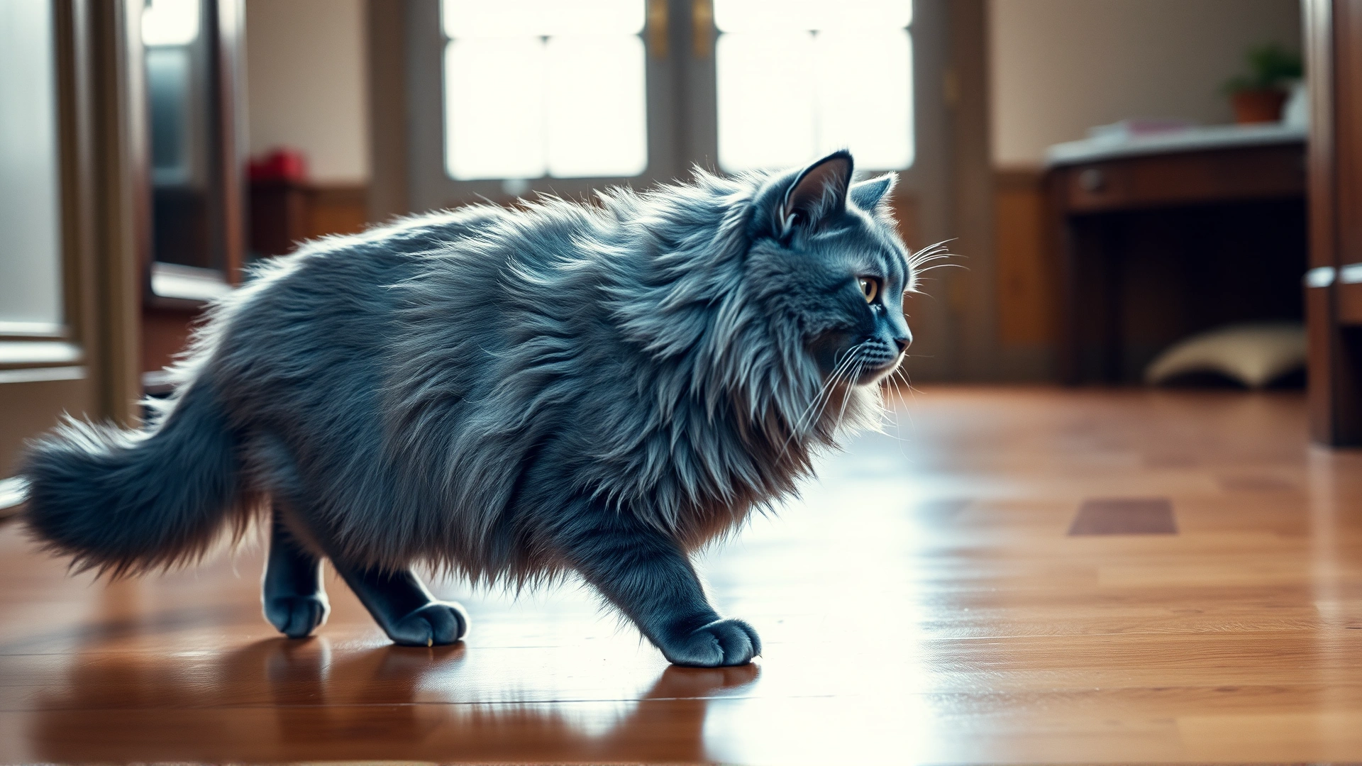 Wide-angle shot of a Nebelung cat walking gracefully across a wooden floor, with soft backlighting highlighting the shimmer of its semi-long blue coat.