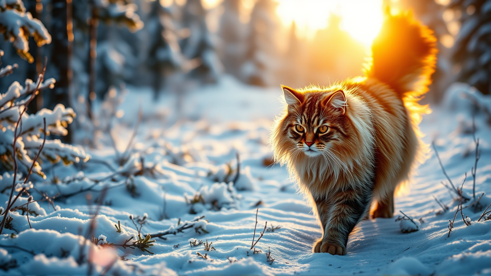 Close-up shot of a Norwegian Forest Cat walking through a snow-covered Nordic forest during golden hour, showcasing its thick coat and bushy tail.