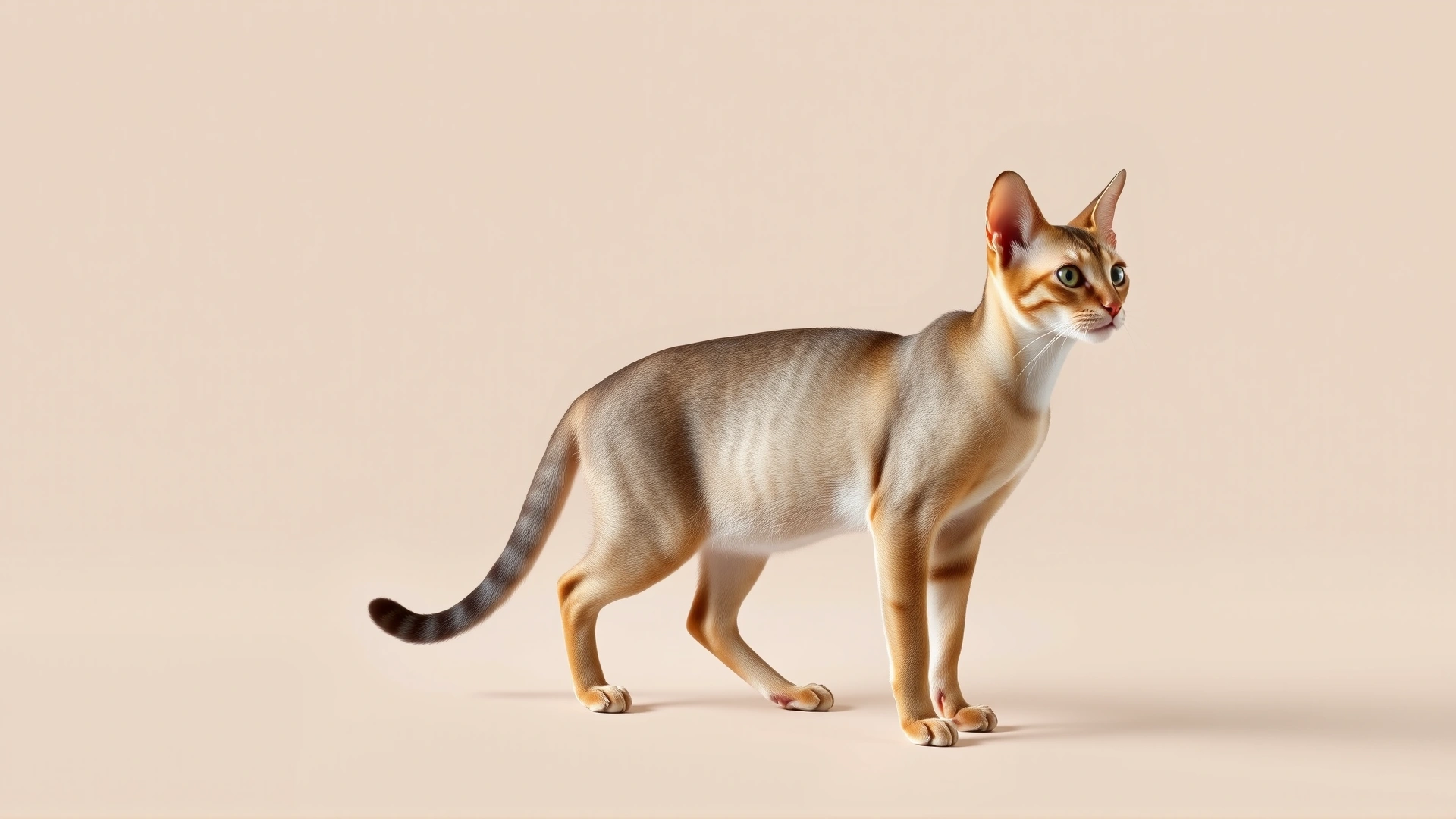 Full-body shot of an Oriental Shorthair cat standing gracefully on a minimalist beige backdrop, showing its slender physique and large ears, high-resolution studio photo