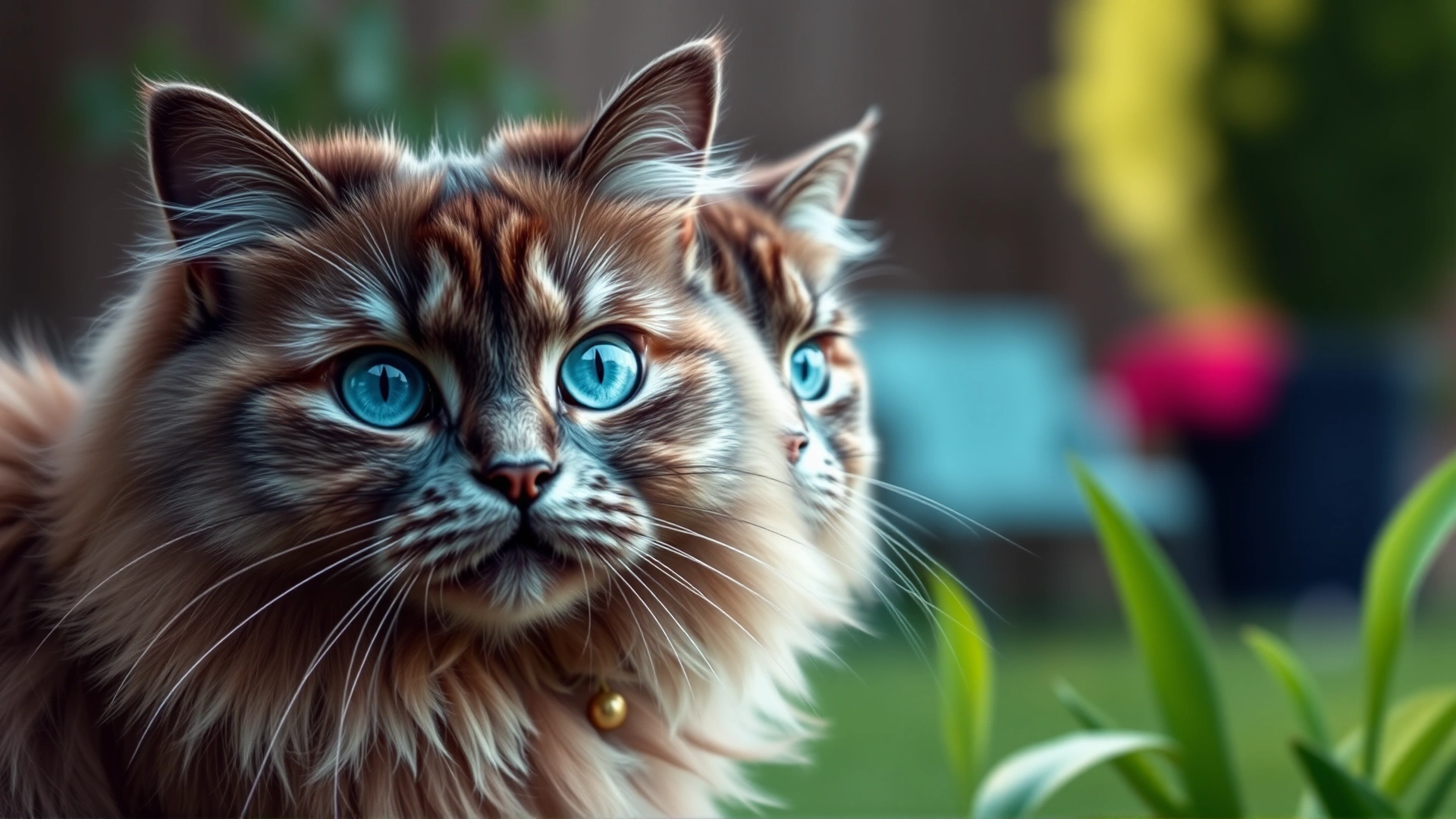 Close-up portrait of a blue-eyed Persian cat with a blurred garden background, shallow depth of field. No text.