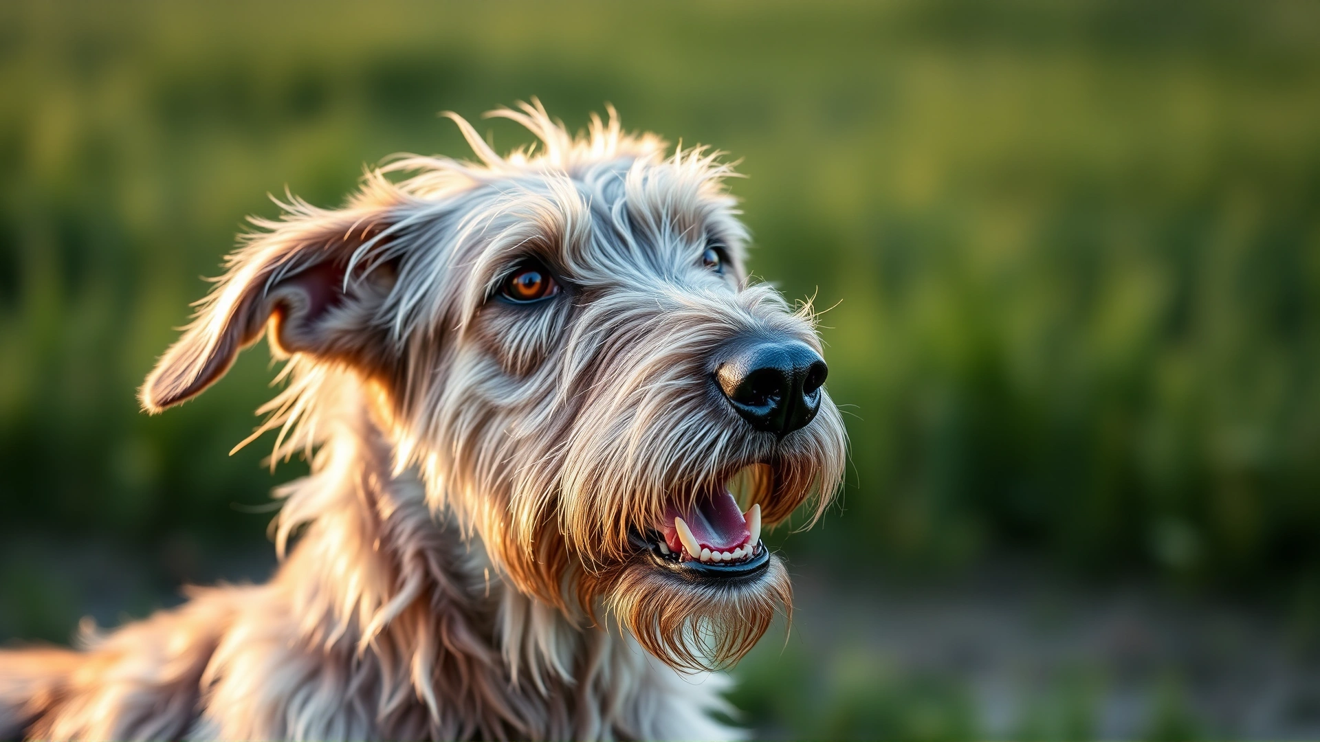 Close-up portrait of an Irish Wolfhound with warm morning light, green meadow background, no text
