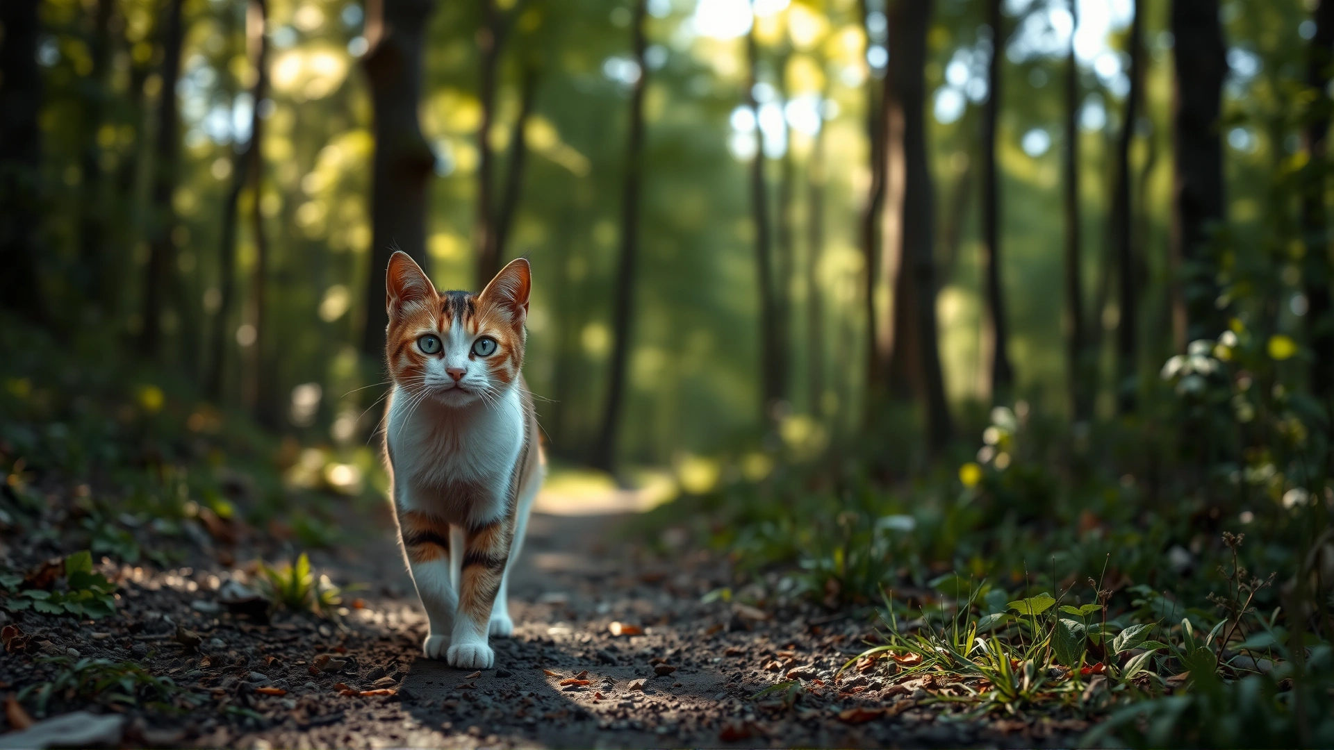 Pixiebob cat walking confidently toward the camera along a forest path with dappled sunlight filtering through the trees; high-resolution, natural colors, shallow depth of field.