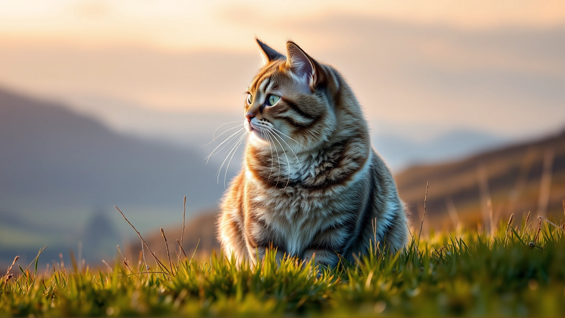 A majestic Scottish Fold cat on a grassy Scottish Highlands background at sunrise, ears folded, looking into the distance.