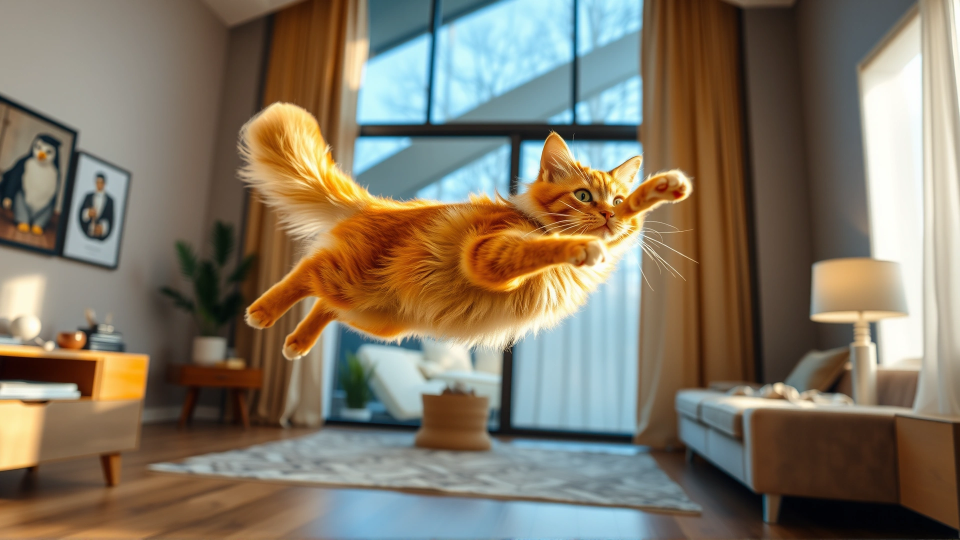 Wide-angle photo of a Somali cat leaping gracefully in mid-air inside a modern living room, warm light highlighting its sleek ruddy coat and fluffy tail