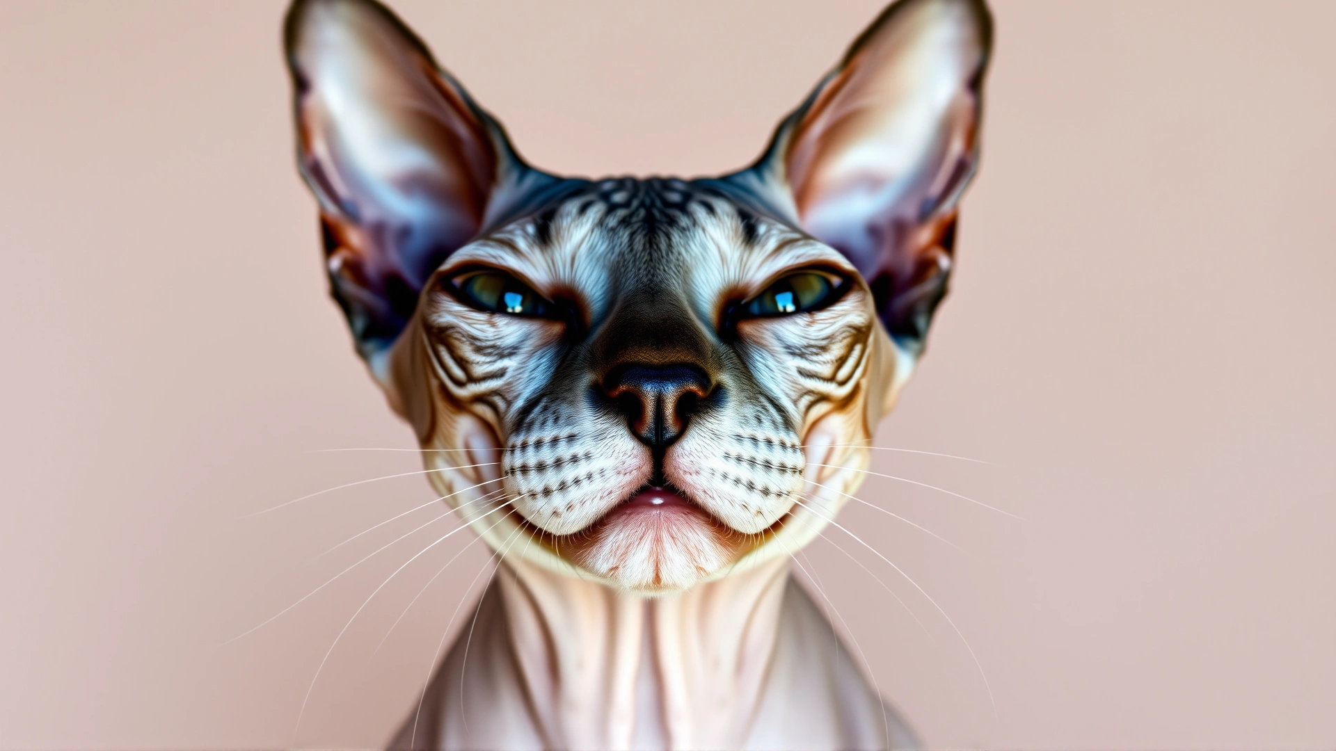Front-facing close-up shot of a happy Sphynx cat against a pastel background, showcasing its wrinkle patterns.