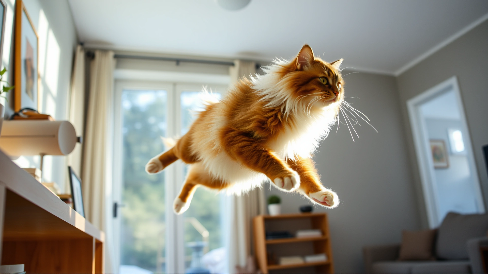 Wide-angle shot of a Turkish Angora cat leaping gracefully from one wooden shelf to another in a sunlit living room, motion blur on tail, showcasing agility and playfulness.