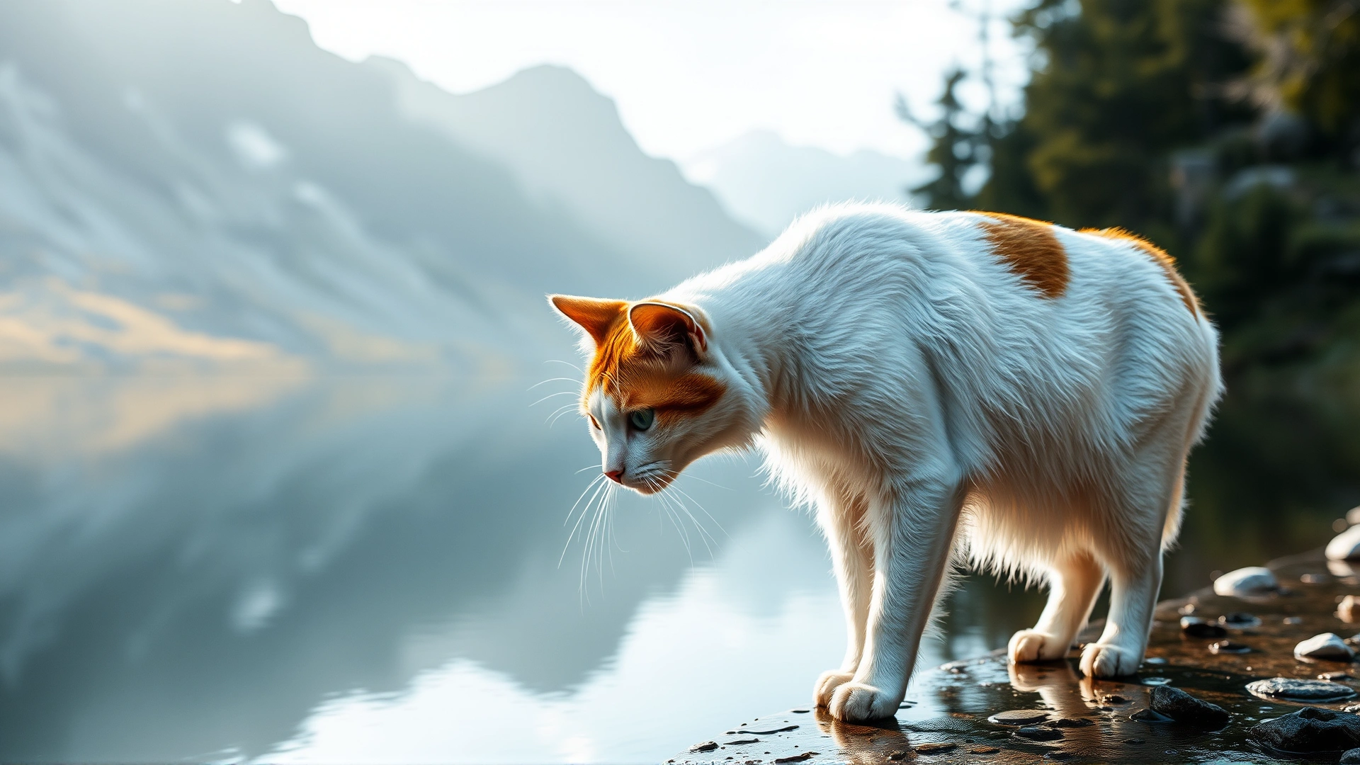 A sleek Turkish Van cat standing at the edge of a reflecting mountain lake, water droplets on its semi-long white coat with auburn head and tail patches, early morning light, cinematic style