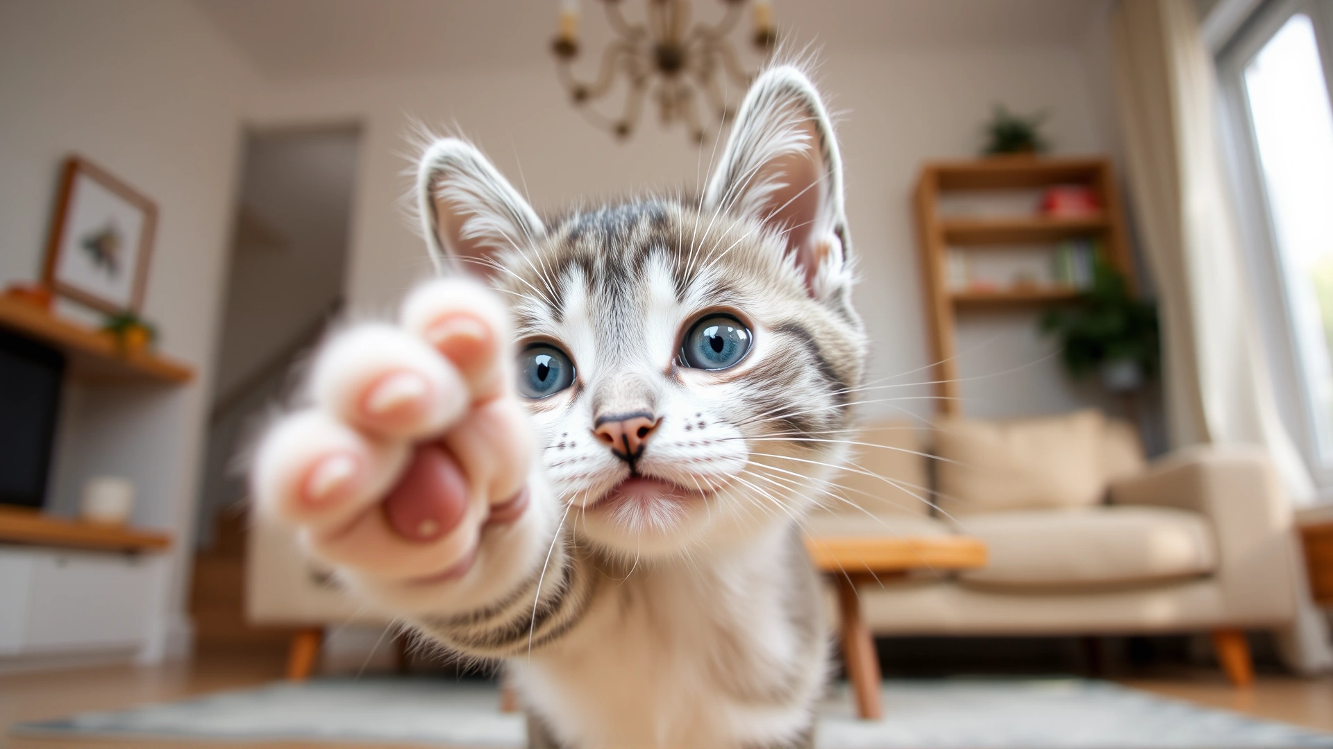 Close-up of a playful gray and white kitten reaching out toward the camera in a bright, airy living room