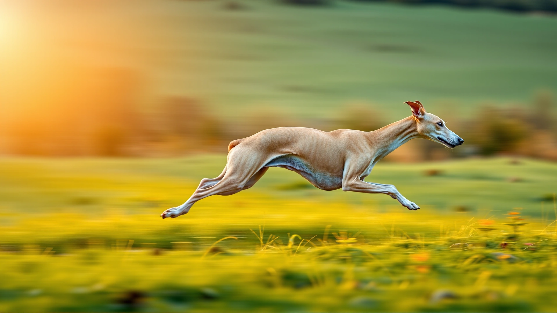 Wide-angle photo of an Italian Greyhound sprinting across a grassy meadow at golden hour, motion blur in the background, vibrant colors that highlight the breed's speed and grace