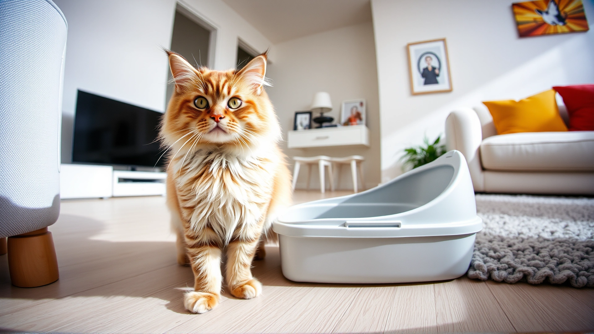 Wide-angle photo of a fluffy house cat standing proudly next to a spotless litter box in a bright, minimalistic living room