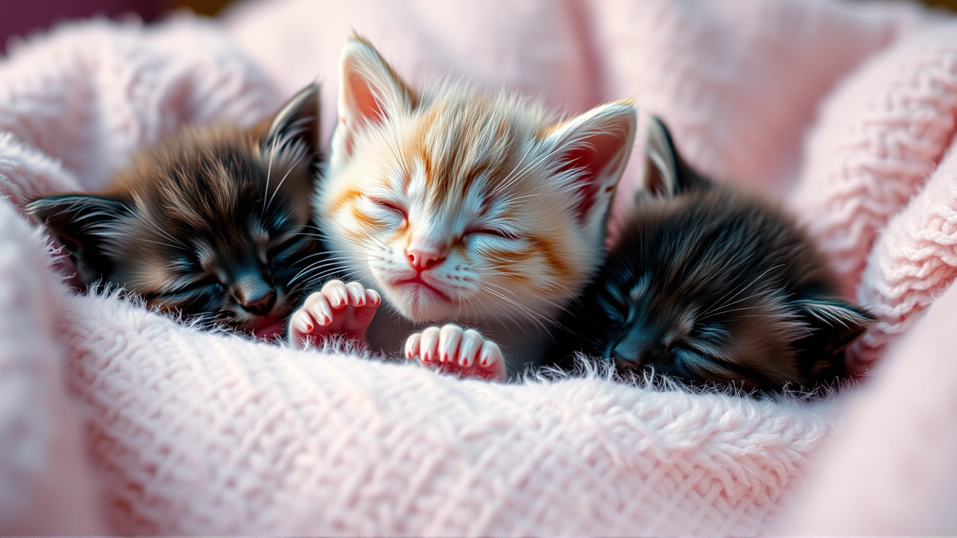 Close-up photo of three newborn kittens snuggling in a soft pastel blanket with warm ambient lighting