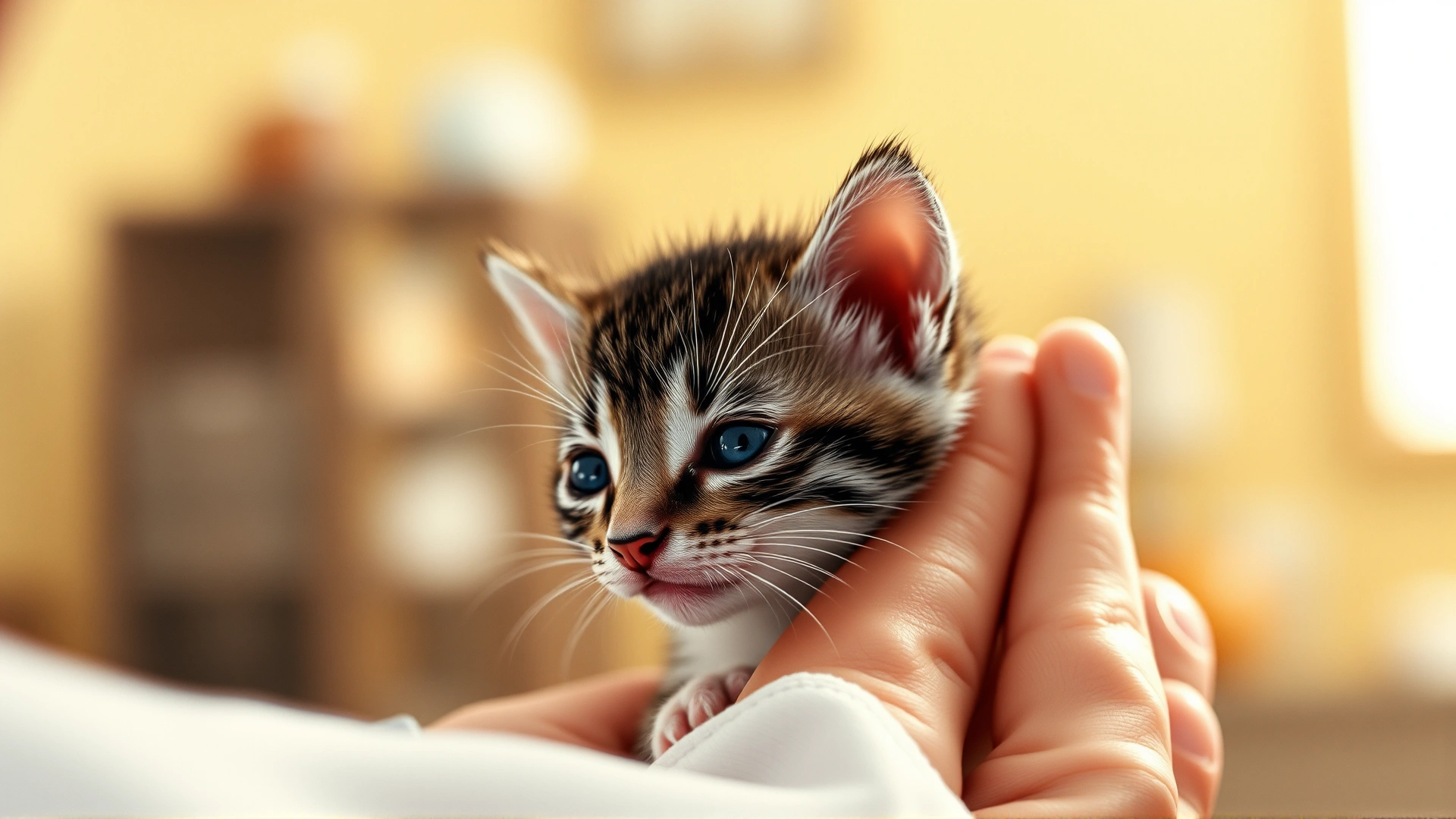 Wide horizontal shot of a caretaker gently cradling a newborn kitten, focus on the kitten’s partially opened eyes; soft warm lighting, cozy indoor setting