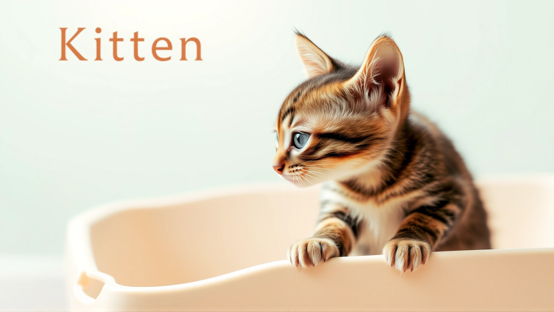 Playful tabby kitten perched on the edge of a clean litter box with a bright, airy background that immediately conveys the article's focus on kitten bowel health.