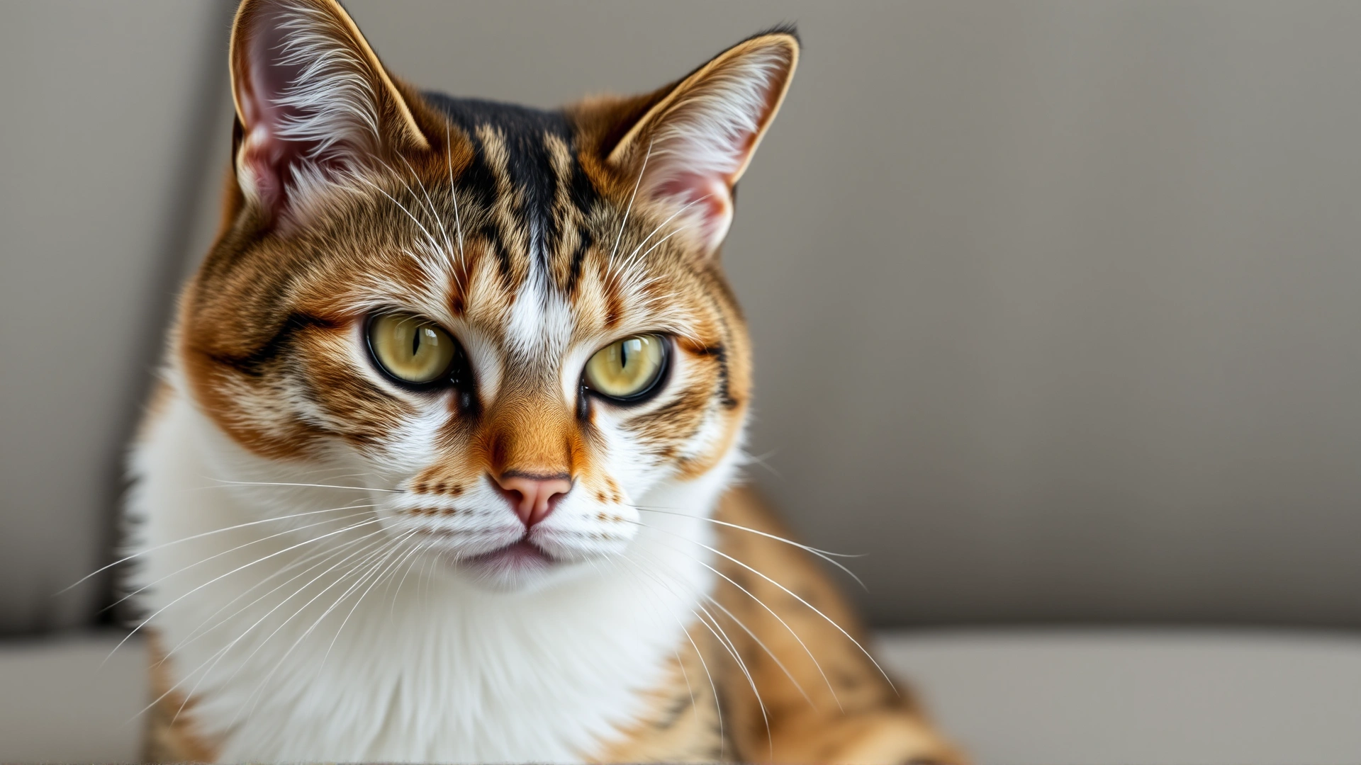 Close-up of a worried cat sitting on a sofa with subtle yellowing around its eyes, illustrating early jaundice signs.