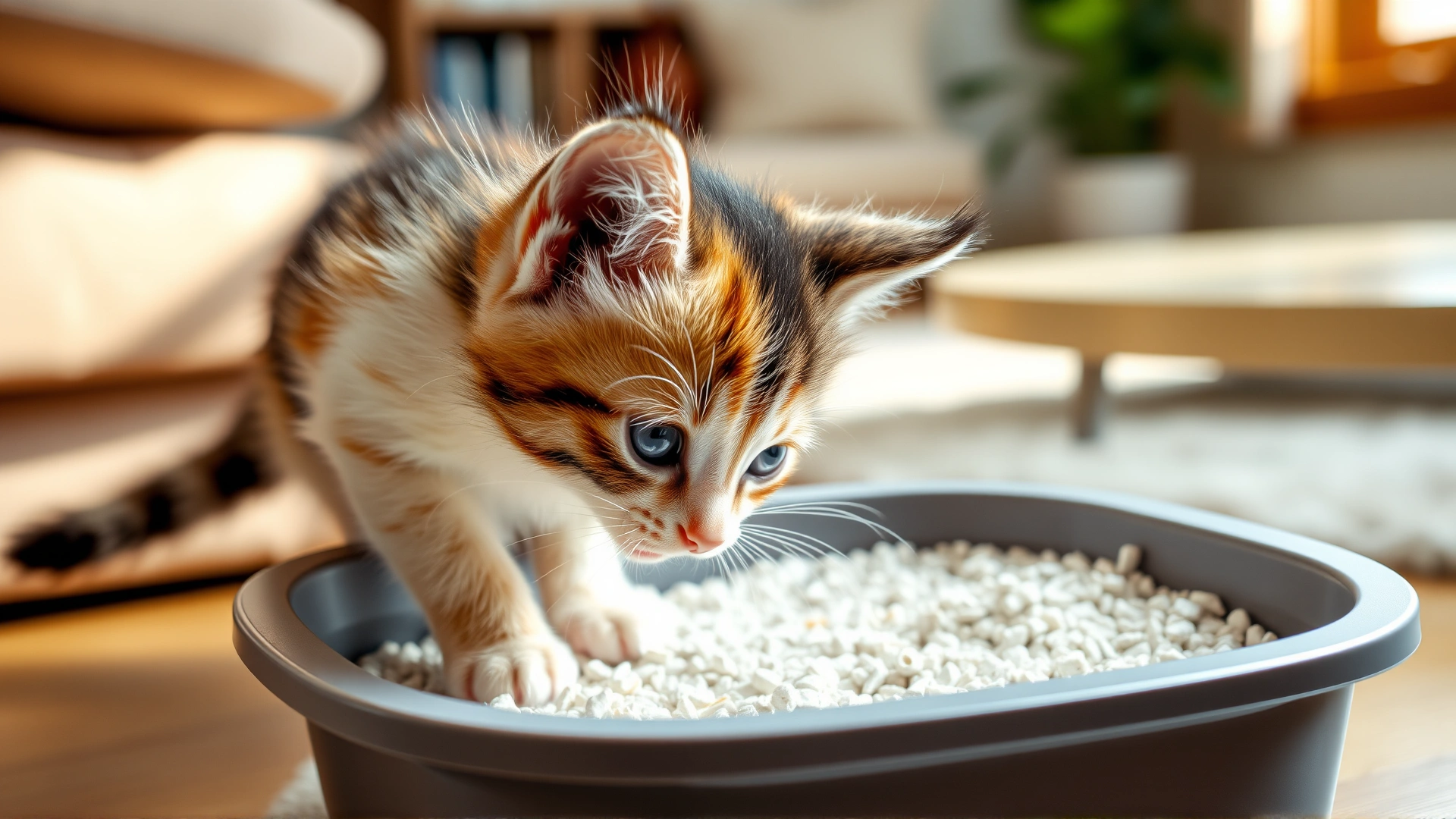 Playful multi-colored kitten sniffing a litter box filled with clean litter, natural soft lighting in a cozy living room