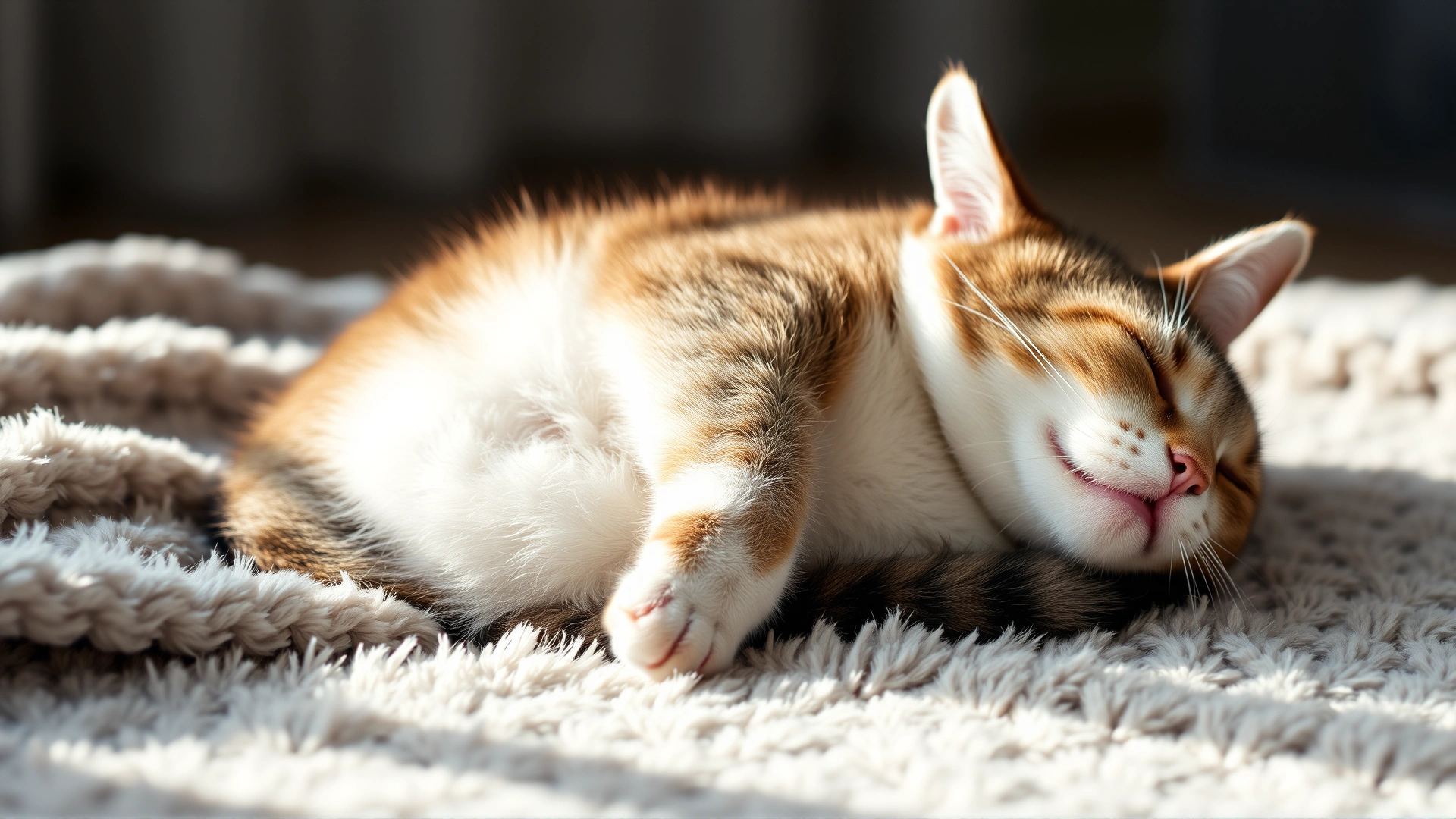 A close-up shot of a pregnant domestic short-haired cat resting on a fluffy blanket, her rounded belly clearly visible, bright gentle lighting, high resolution photograph