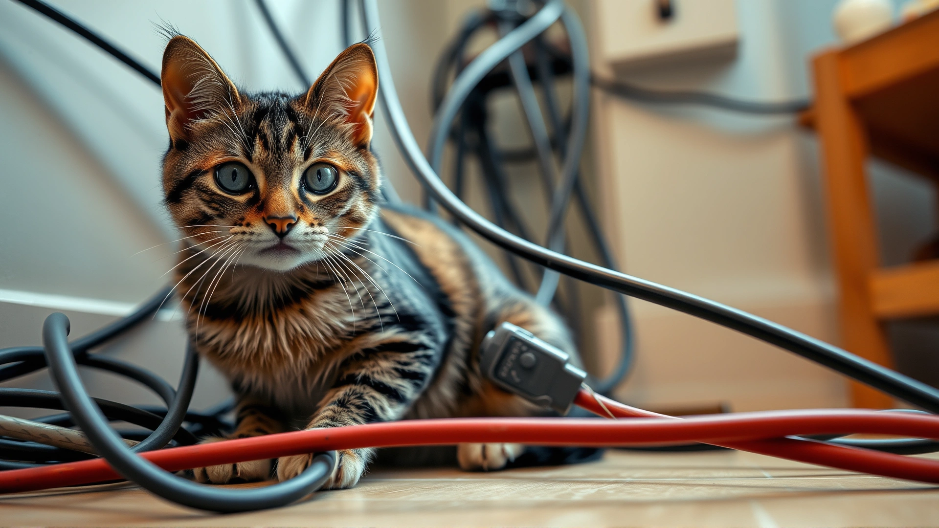 Wide angle photo of a cat sitting near tangled electrical cables with one cable partially chewed, natural home environment, soft lighting