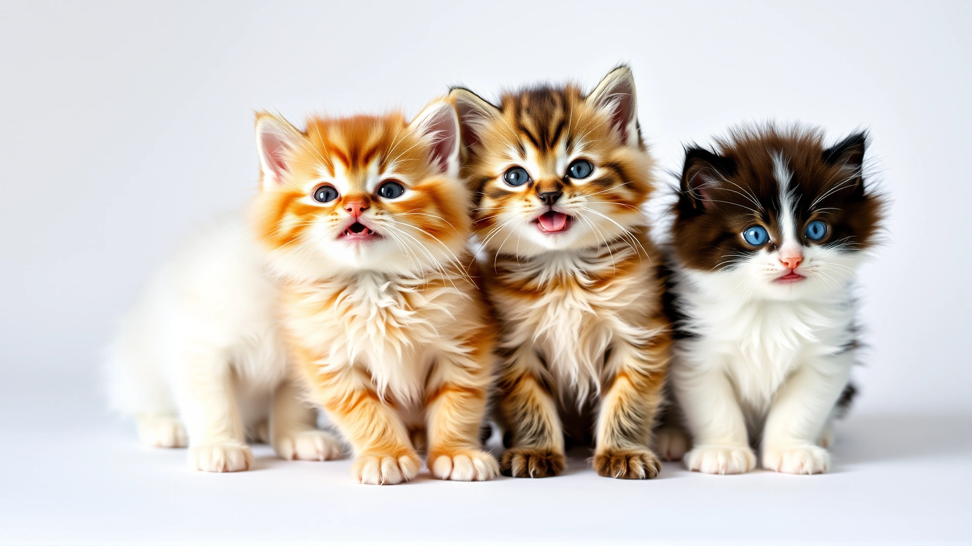 Playful group of three fluffy kittens posing on a white background, symbolizing healthy and happy kittens after deworming.