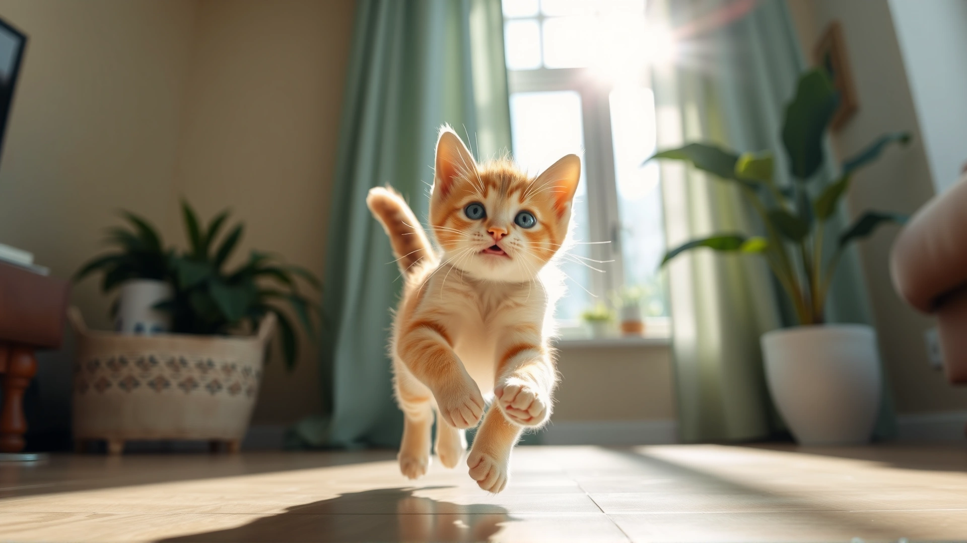 Wide-angle shot of a playful kitten running across a bright living room floor, sunlight streaming through a window, motion blur capturing its energy