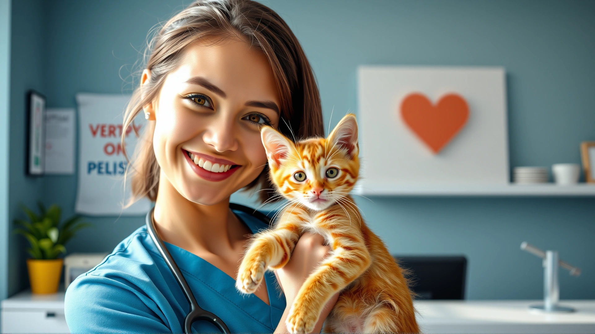 Wide shot of a cheerful young woman holding a playful orange tabby kitten at a veterinary clinic reception desk; bright natural lighting and soft background blur; welcoming atmosphere.