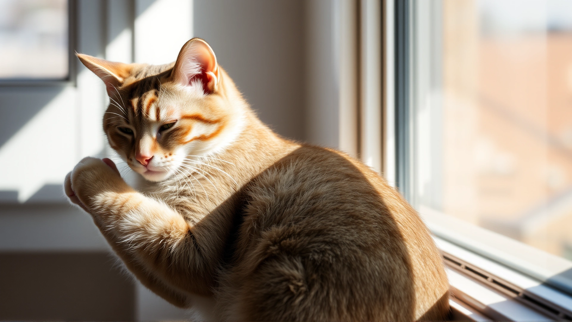 High-resolution photo of a healthy domestic shorthair cat grooming itself on a sunlit windowsill, conveying clean fur and healthy skin, bright airy atmosphere.