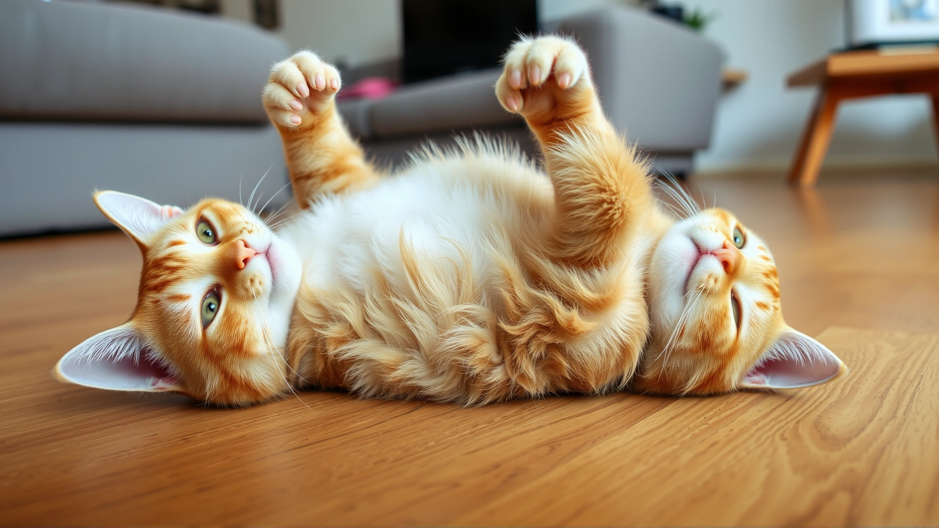 Wide angle shot of a curious ginger tabby cat lying on its back on a wooden floor with its paws up, belly visible, bright and playful mood, living room background.