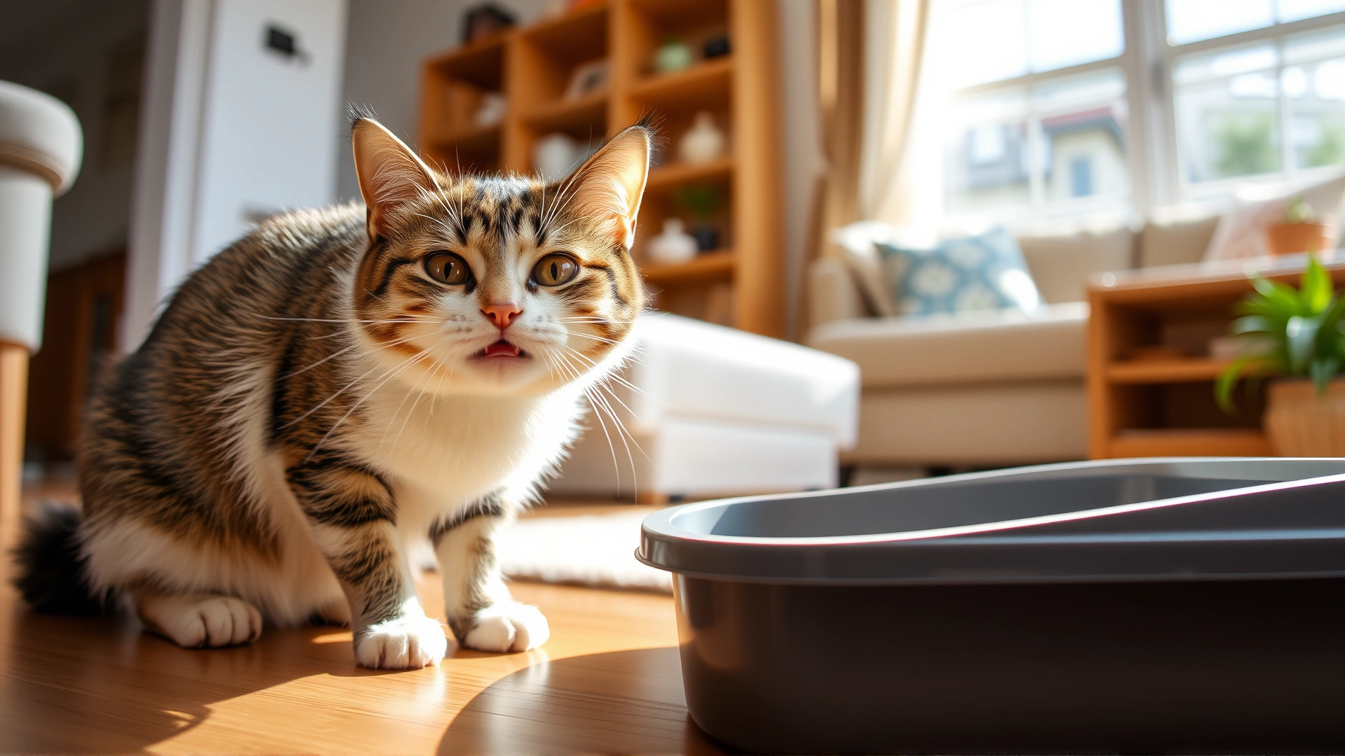 Happy cat inspecting a newly filled litter box, bright living room background, wide angle, natural light