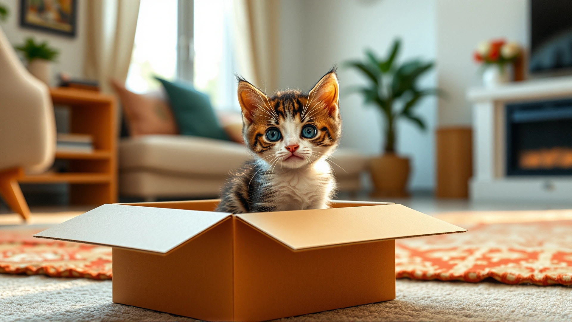 Cute high-resolution photo of a playful kitten sitting in a cardboard box in a bright cozy living room, symbolizing arrival to a new home.