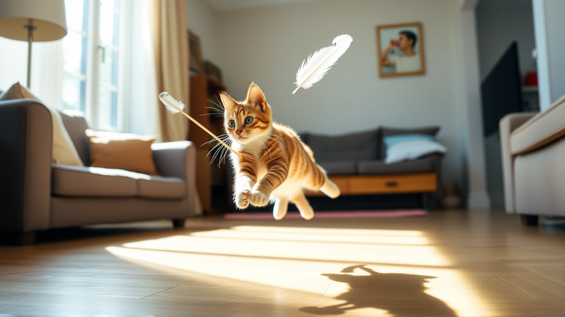 Energetic cat leaping across the living room chasing a feather teaser, motion blur, sunlight streaming through window