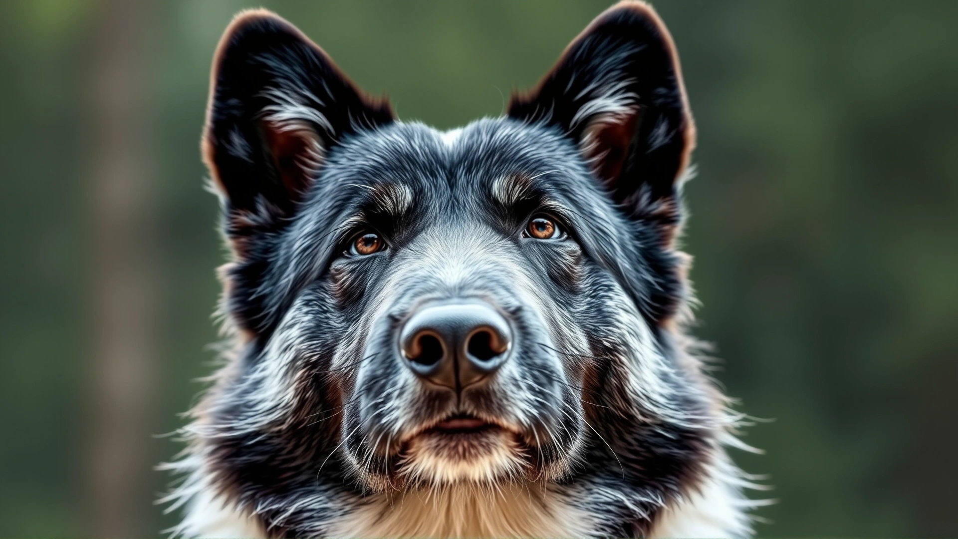 Close-up portrait of a confident Karelian Bear Dog with black-and-white coat looking straight at the camera; blurred evergreen forest background