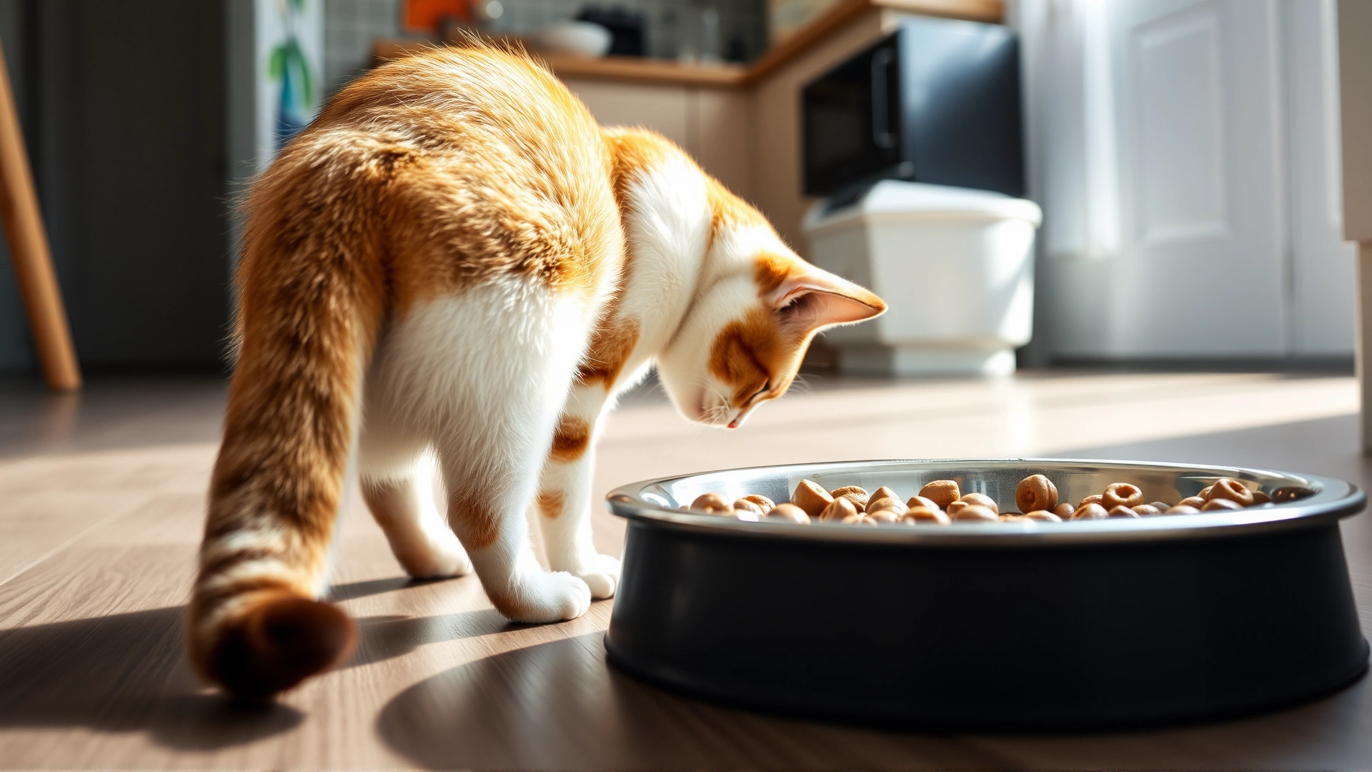 Indoor scene of a domestic cat turning its head away from a full food bowl on a kitchen floor, conveying loss of appetite, bright natural lighting.