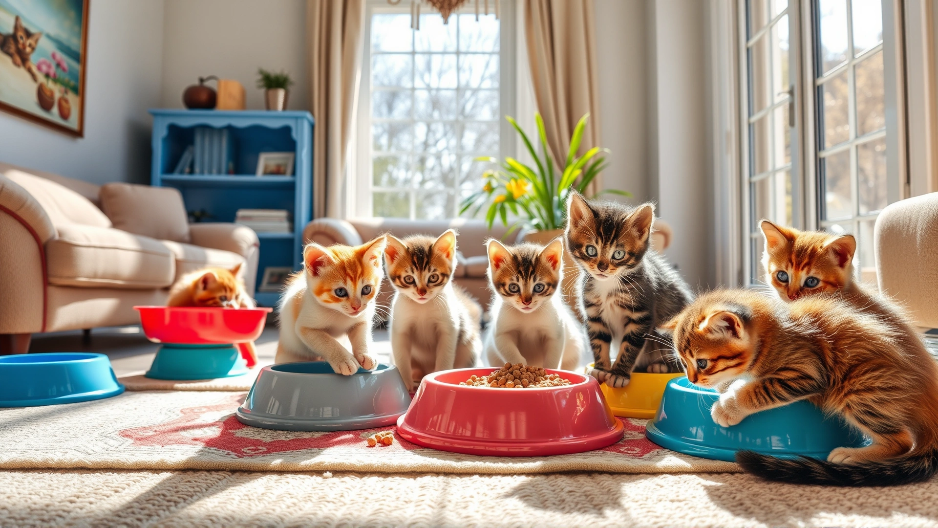 Group of playful kittens gathered around colorful feeding bowls in a sunlit living room, bright and cheerful atmosphere