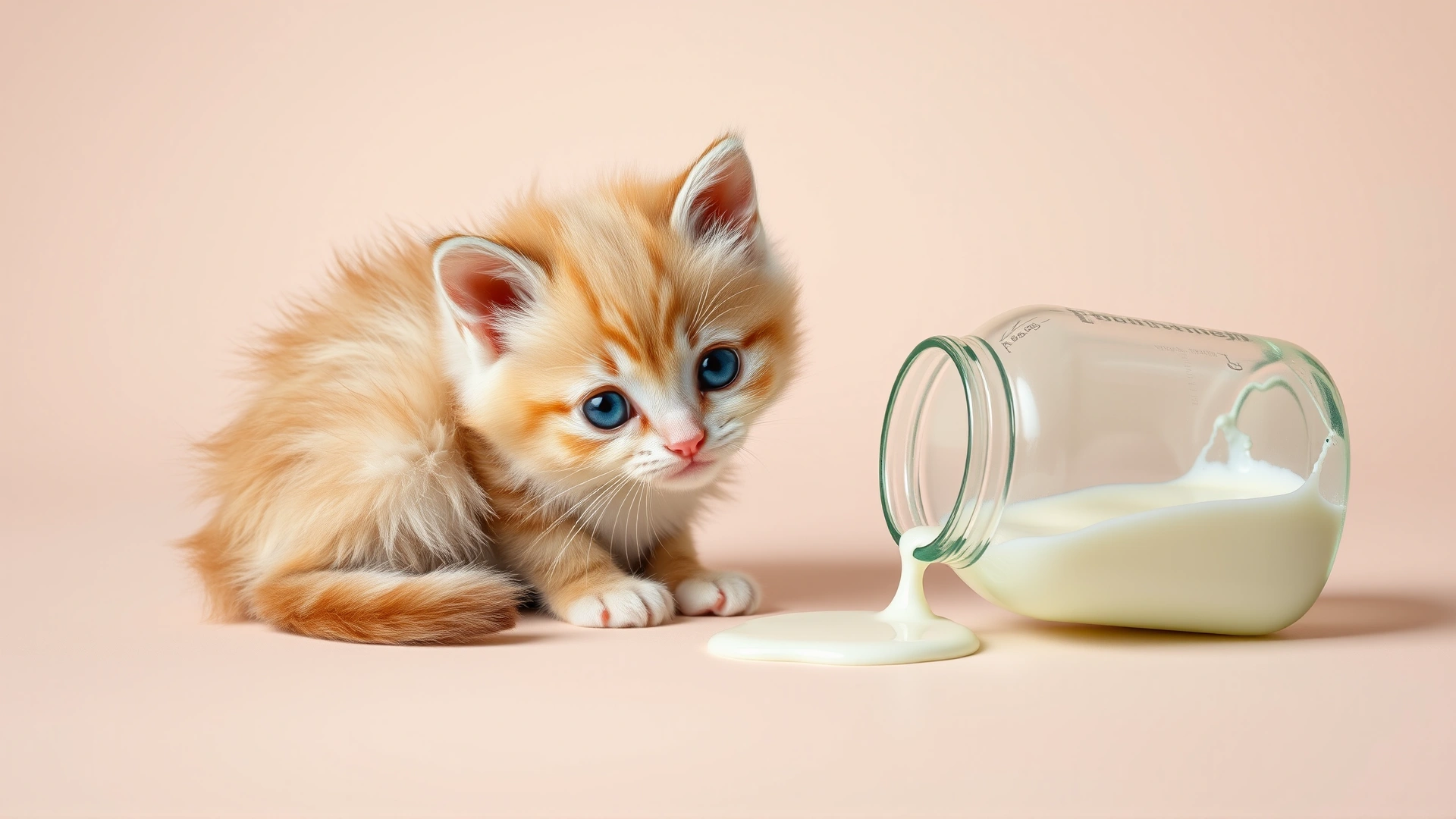Wide banner image of a fluffy kitten sitting next to a tipped-over milk bottle with a few drops spilling out, shot on a pastel background, bright and playful mood.