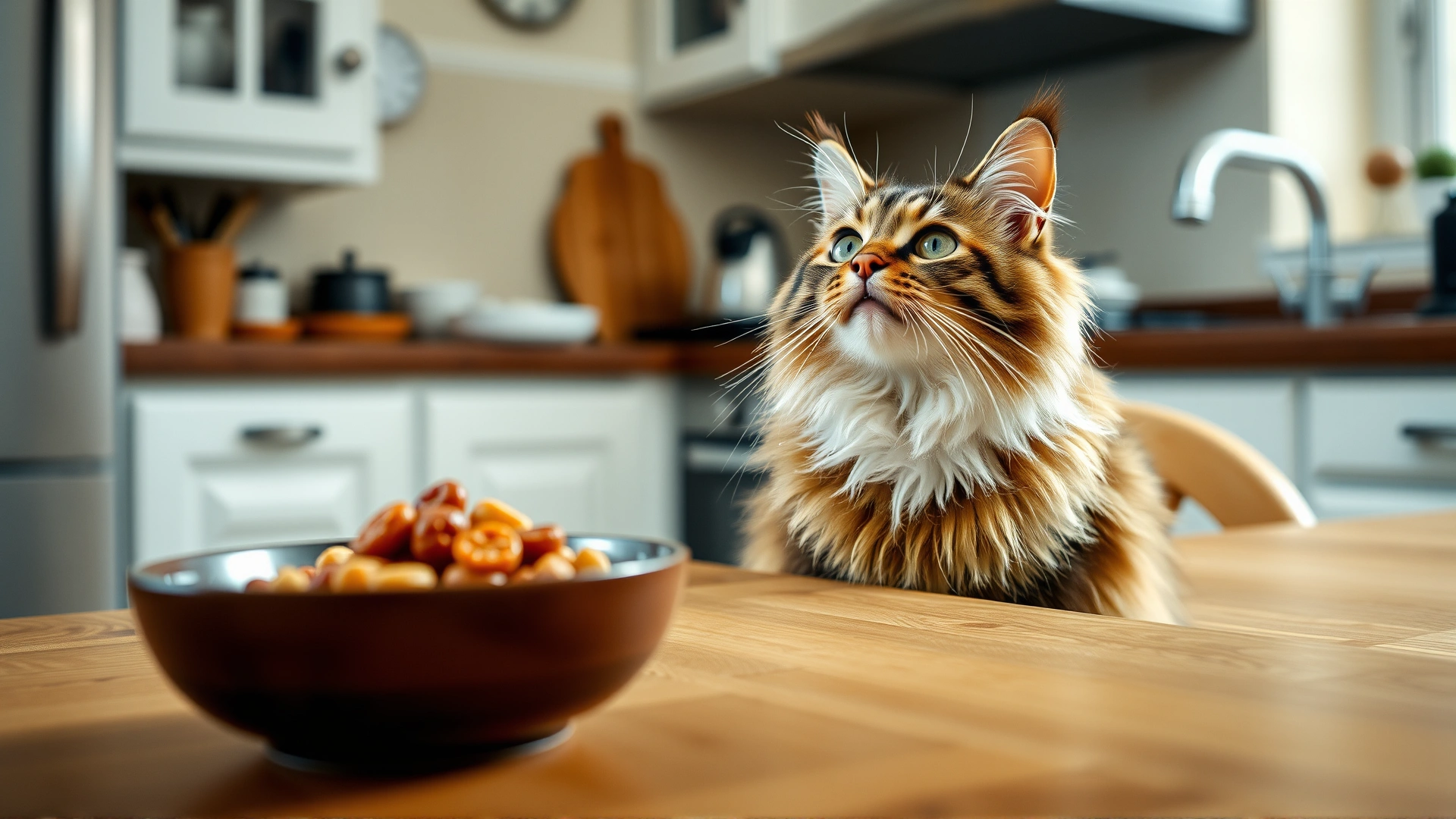 Wide-angle shot of a fluffy tabby cat looking up expectantly at a bowl of food on a wooden table, soft backlighting for a cozy kitchen atmosphere, no text in the image.