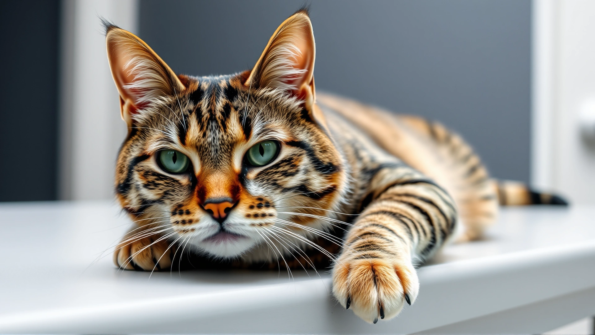 Indoor portrait of a tabby cat with one cheek visibly puffy, lying on a veterinarian examination table, neutral background, high resolution