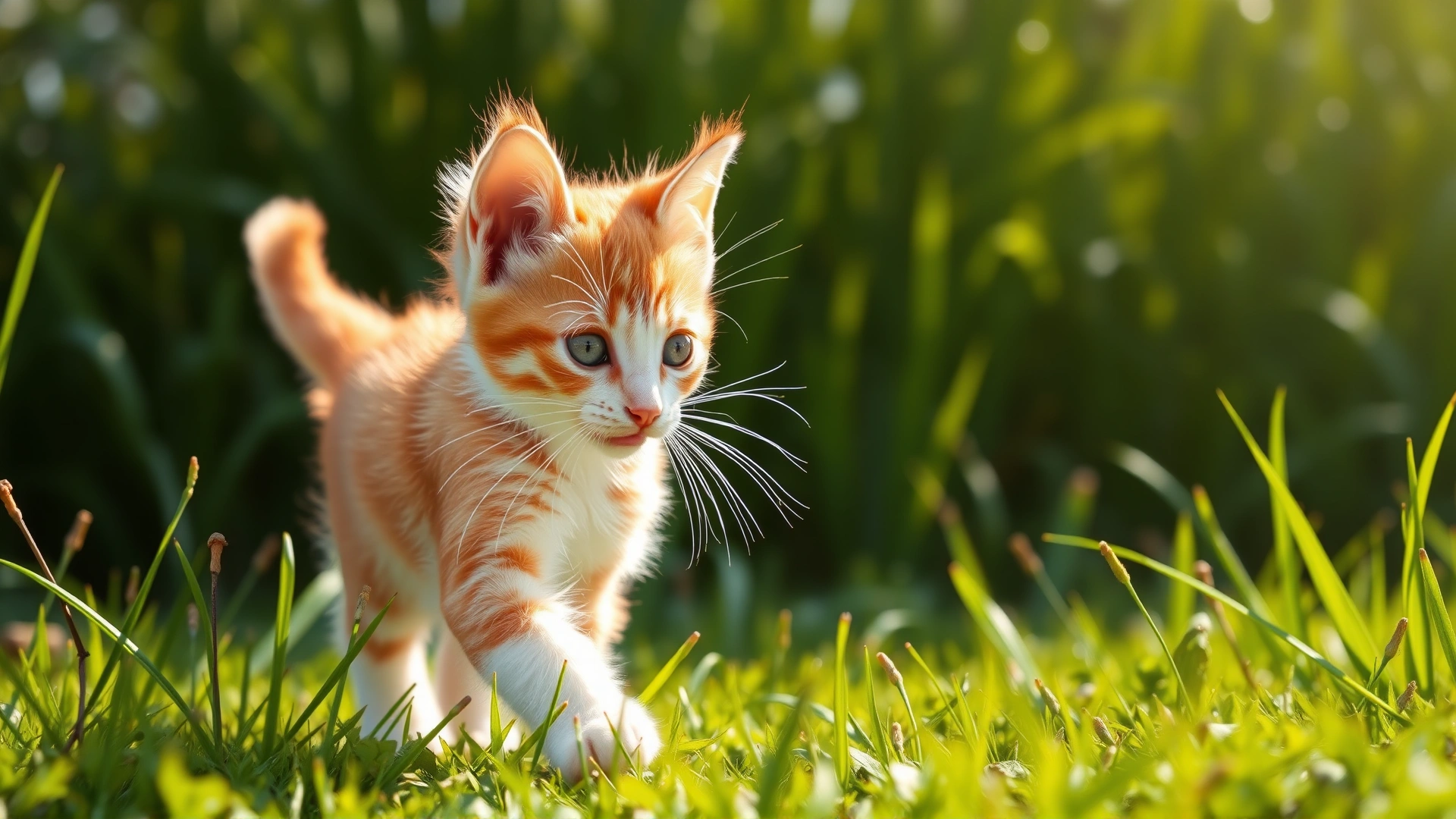 Wide-angle photo of a healthy orange-and-white kitten trotting through green grass under warm sunlight, symbolizing vitality and outdoor exposure to fleas and ticks
