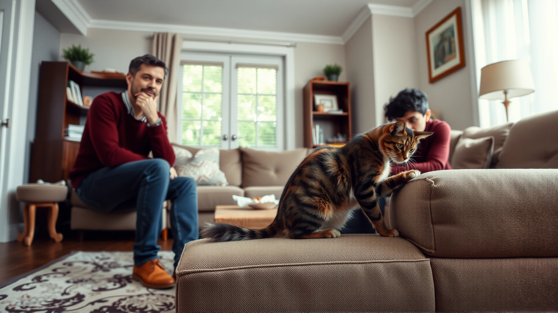 A wide, well-lit photo of a living room showing a cat scratching a couch while the owner watches with a thoughtful expression, conveying the article’s main theme.