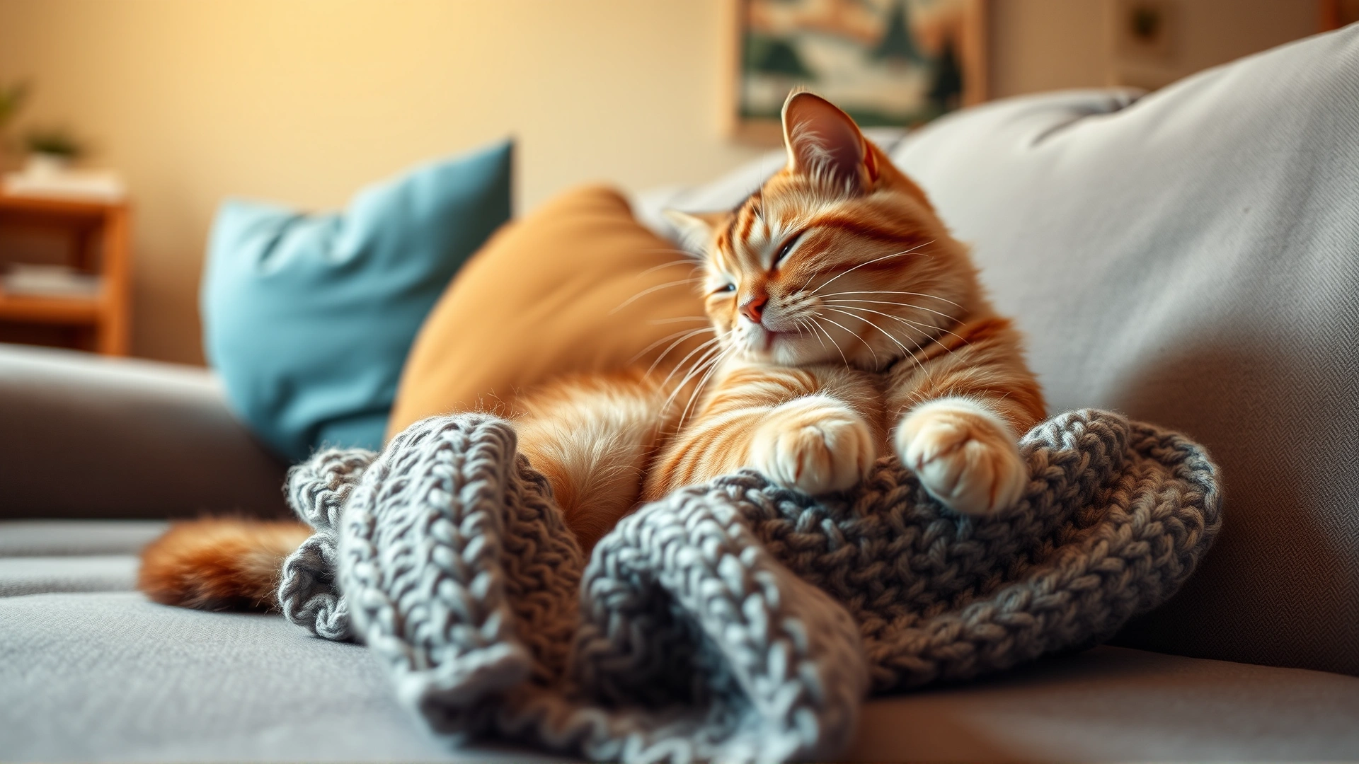 Wide-angle shot of a content cat kneading a soft knitted throw on a couch, living-room background softly blurred, warm natural light.