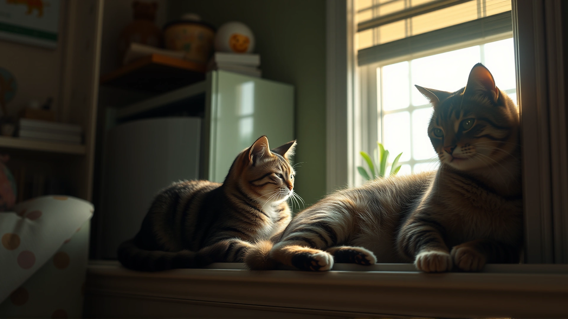 Calm multi-cat household scene with two cats peacefully sharing a sunny windowsill, symbolizing harmony after addressing fights; warm lighting, cozy interior, high resolution