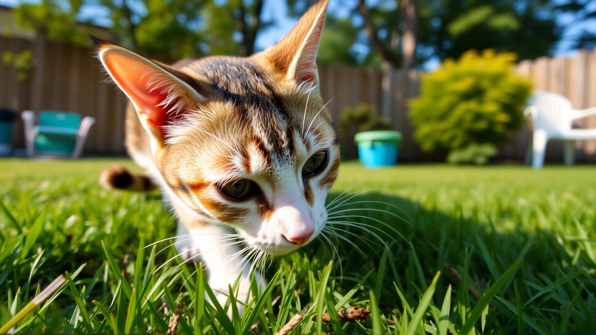 Wide-angle shot of a curious tabby cat sniffing the grass in a sunny backyard, representing typical outdoor environment where ticks thrive.