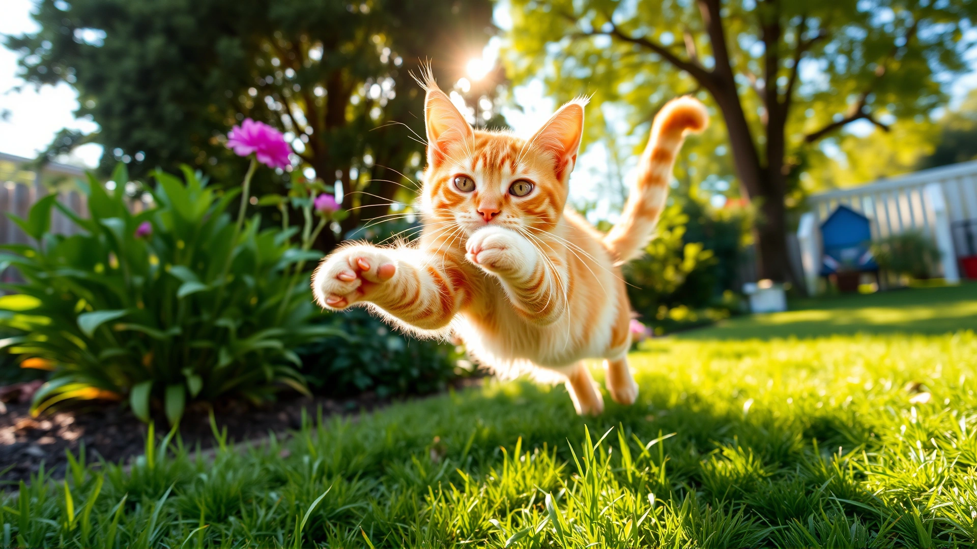 Wide-angle shot of a healthy, playful orange tabby cat leaping across a sunlit garden, symbolizing vitality and good digestive health.
